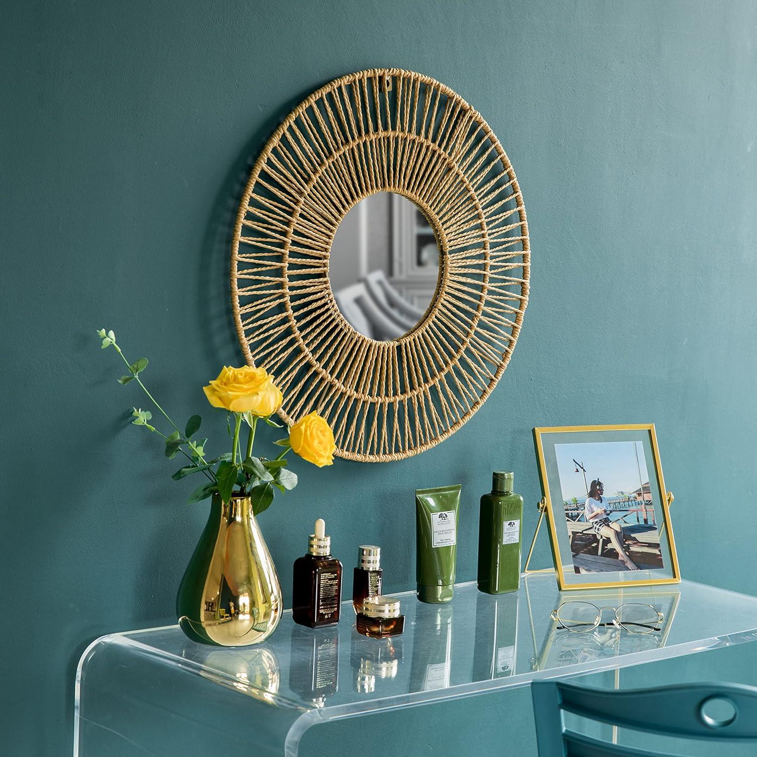 Vintiquewise Decorative Woven Paper Rope Round Shape Bamboo Wood Modern Hanging Wall Mirror