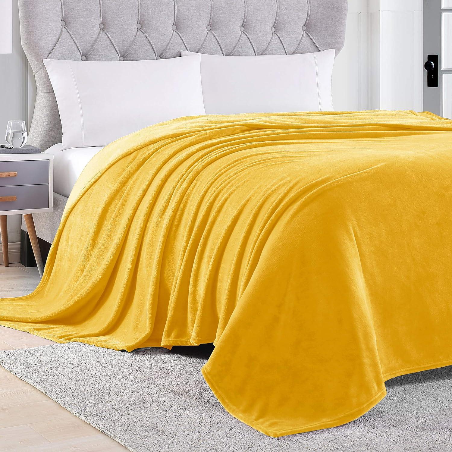 Queen Size Yellow Fleece Throw Blanket for Couch or Bed