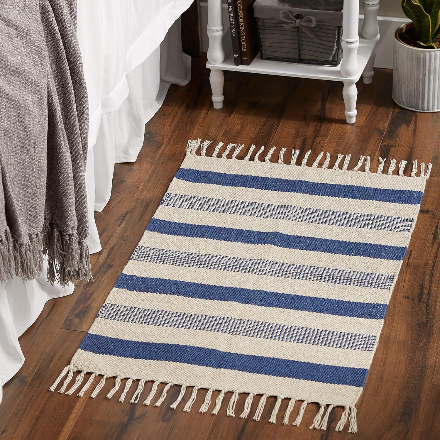 French Blue Striped Hand-Loomed Cotton Rug 24x36 Inch