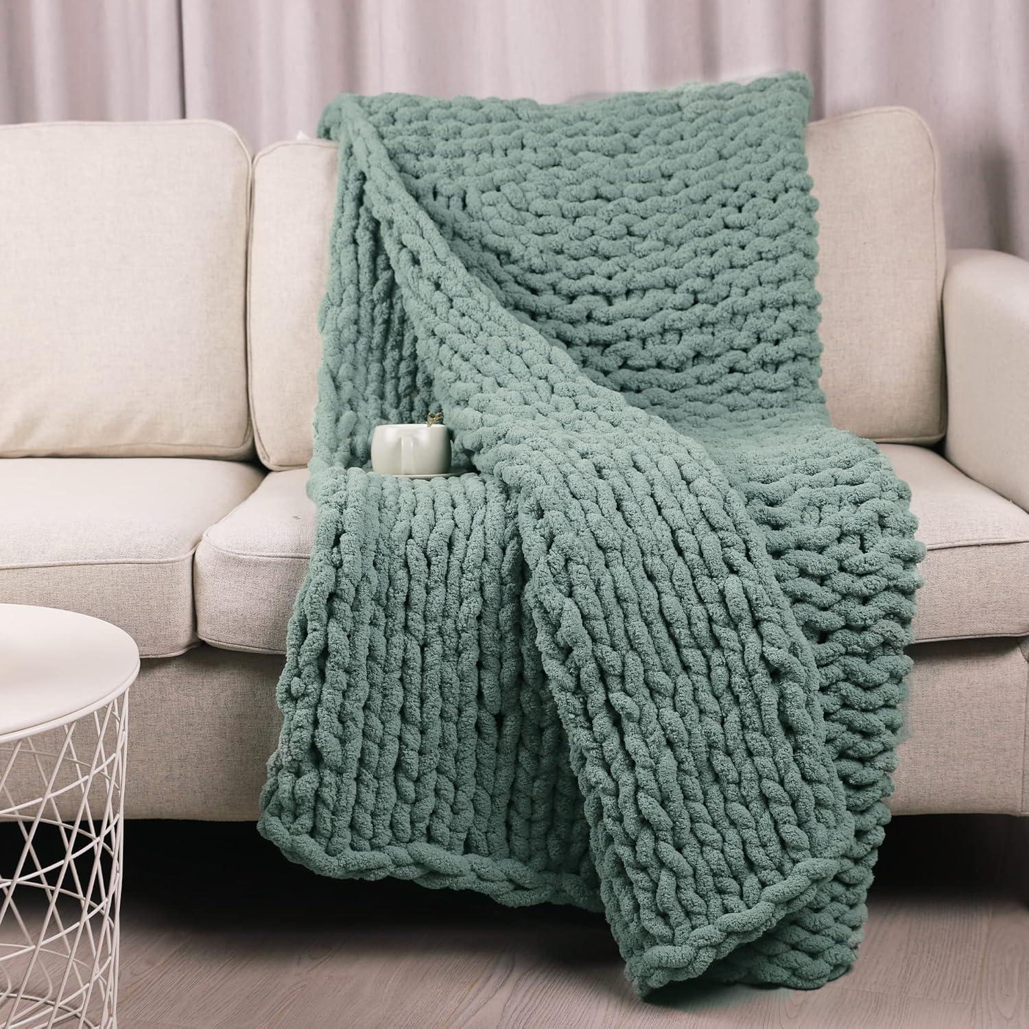 Sage Green Chunky Knit Chenille Throw Blanket 50" x 60"