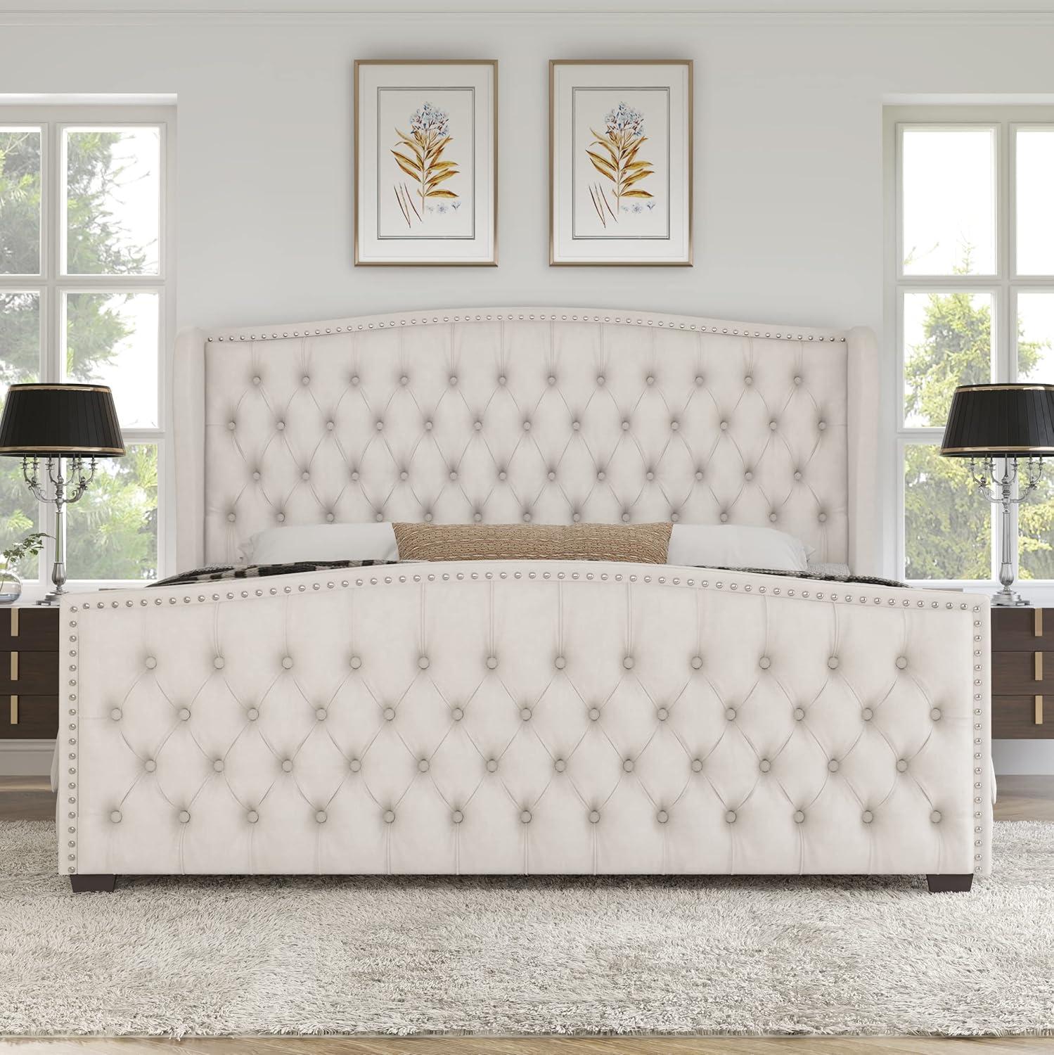VanAcc Queen Size Platform Bed Frame, Velvet Upholstered Bed with Deep Button Tufted & Nailhead Trim Wingback Headboard/No Box Spring Needed/Cream