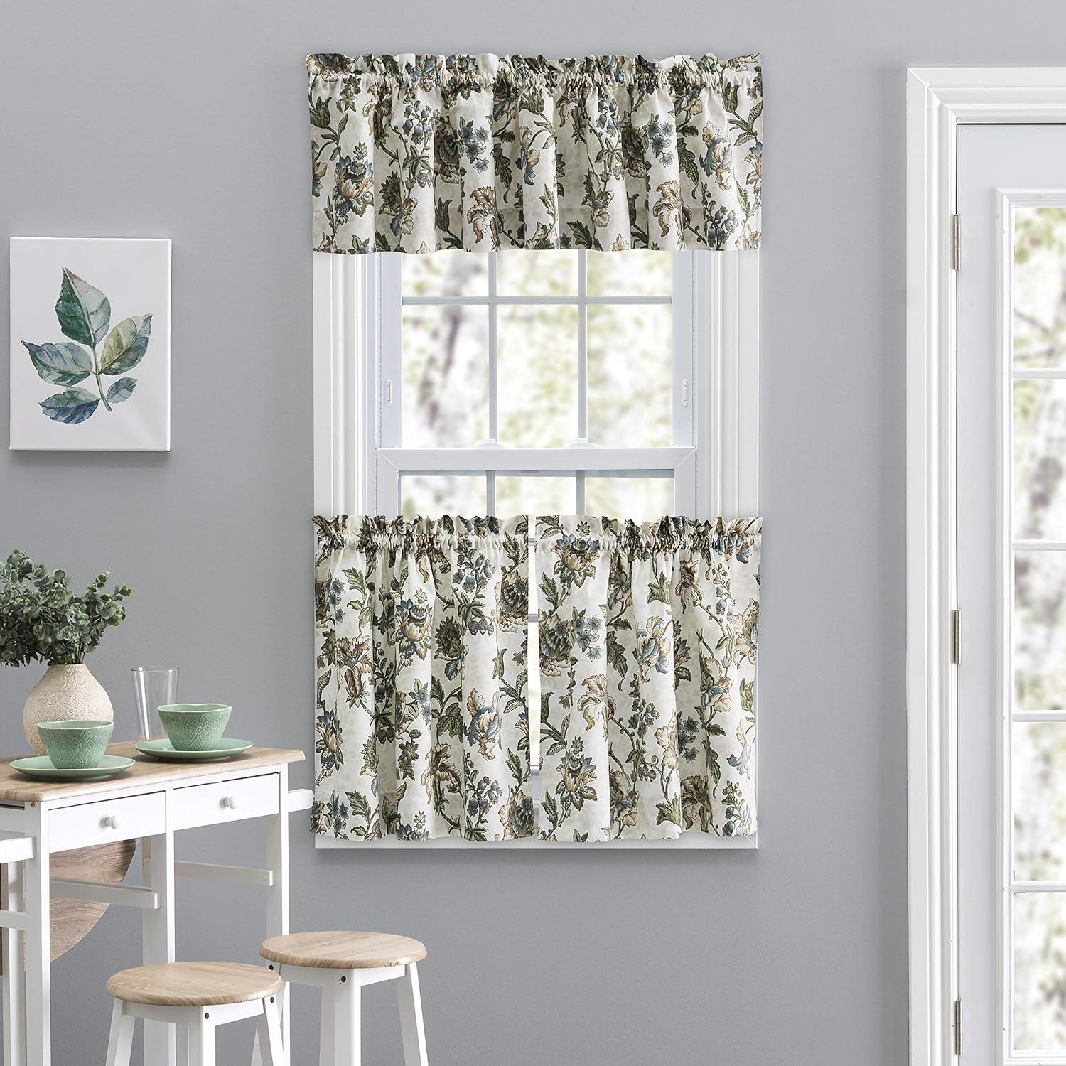 Ellis Curtain Madison Floral Design Printed Natural Ground 1.5" Rod Pocket Tailored Valance 58" x 15" Blue