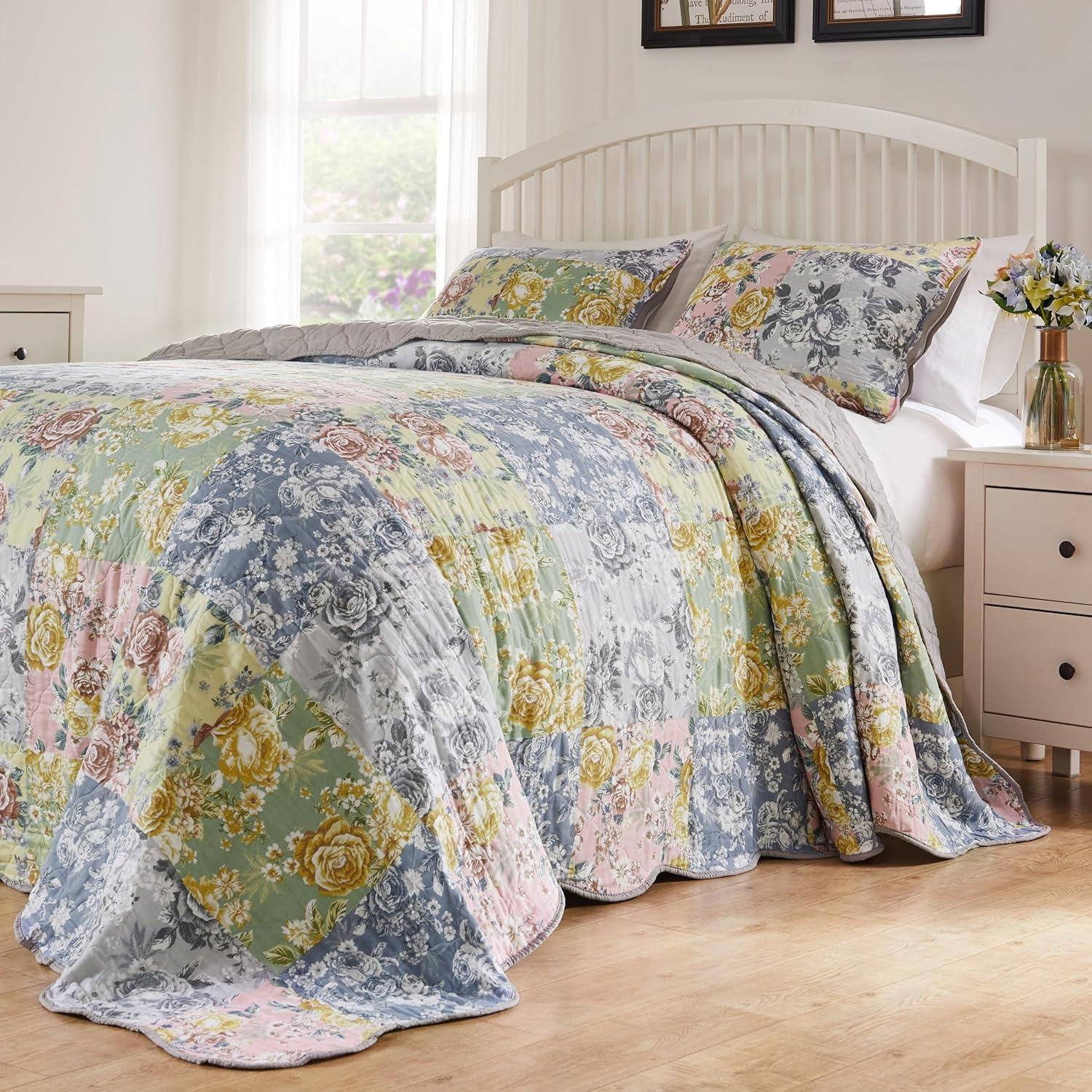 Greenland Home Fashions Emma Traditional Patchwork Floral Quilted Bedspread Set, 3-Piece Jumbo King, Gray