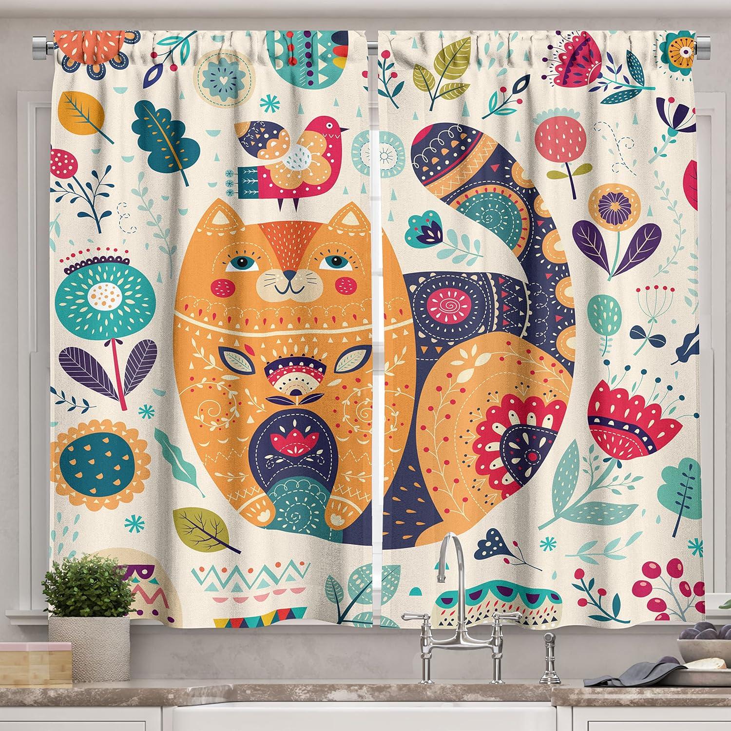 Ambesonne Paisley Kitchen Curtains, Cat and Flower Leaf, 55"x39", Multicolor