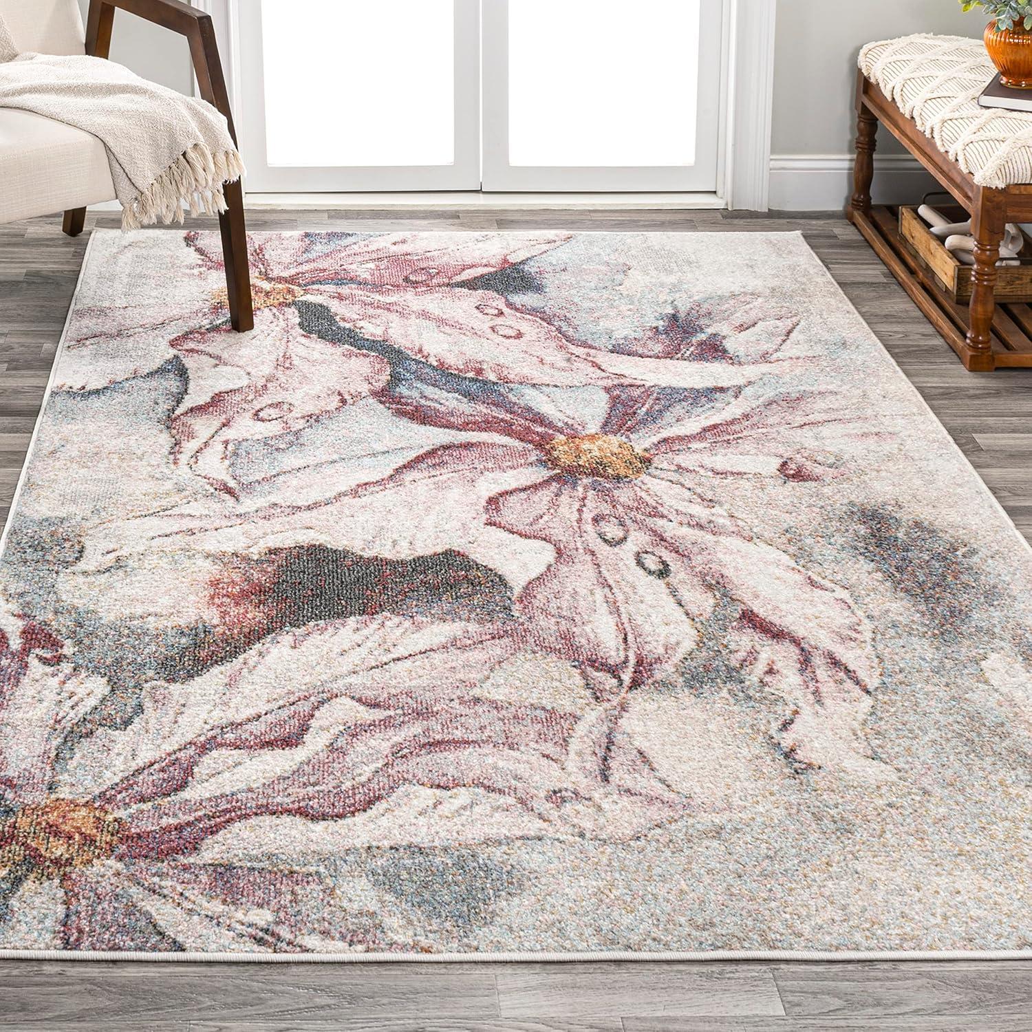 Pastello 4' x 6' Gray Abstract Muted Floral Synthetic Area Rug