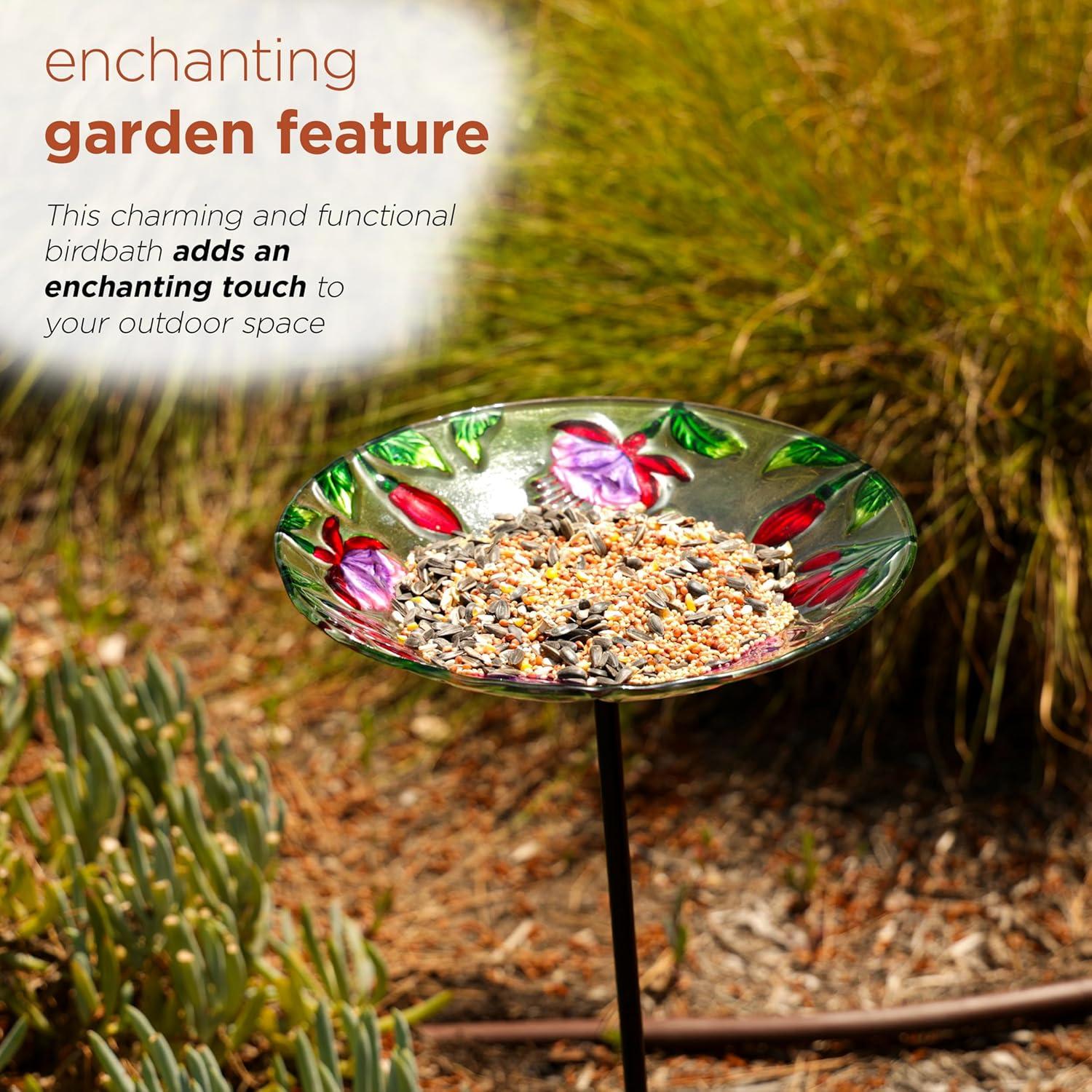 Alpine Glass Stake Bird Bath with Flowers and Hummingbird | Wayfair
