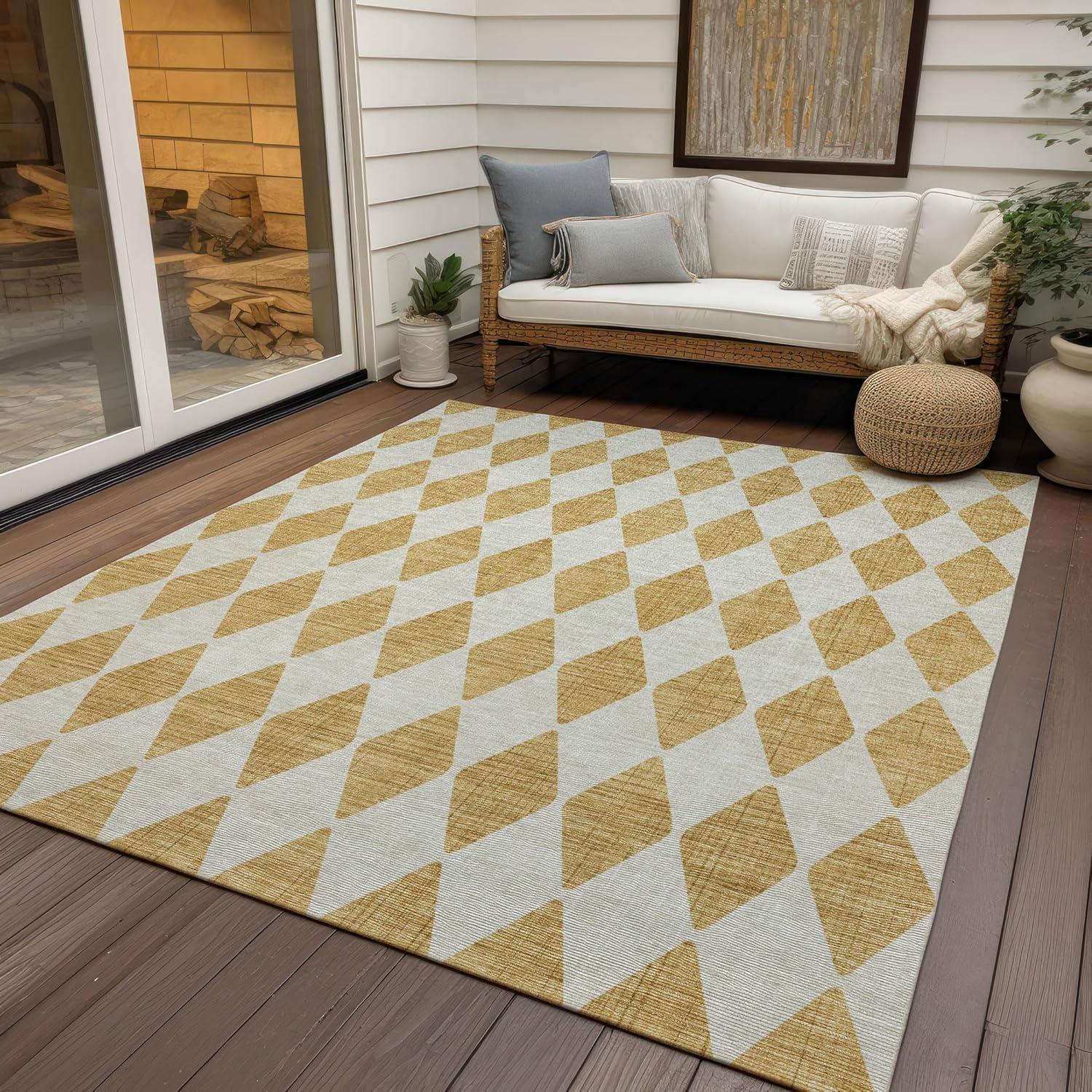 Gold and White Diamond Pattern Washable Synthetic Rug