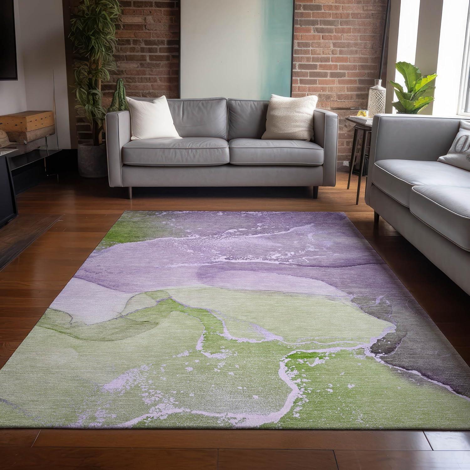 Purple and Green Rectangular Machine-Washable Area Rug