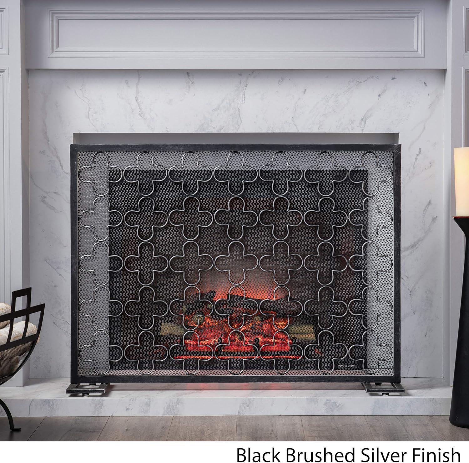 GDF Studio Pepperwood Modern Single Panel Iron Fireplace Screen, Black Brushed Silver