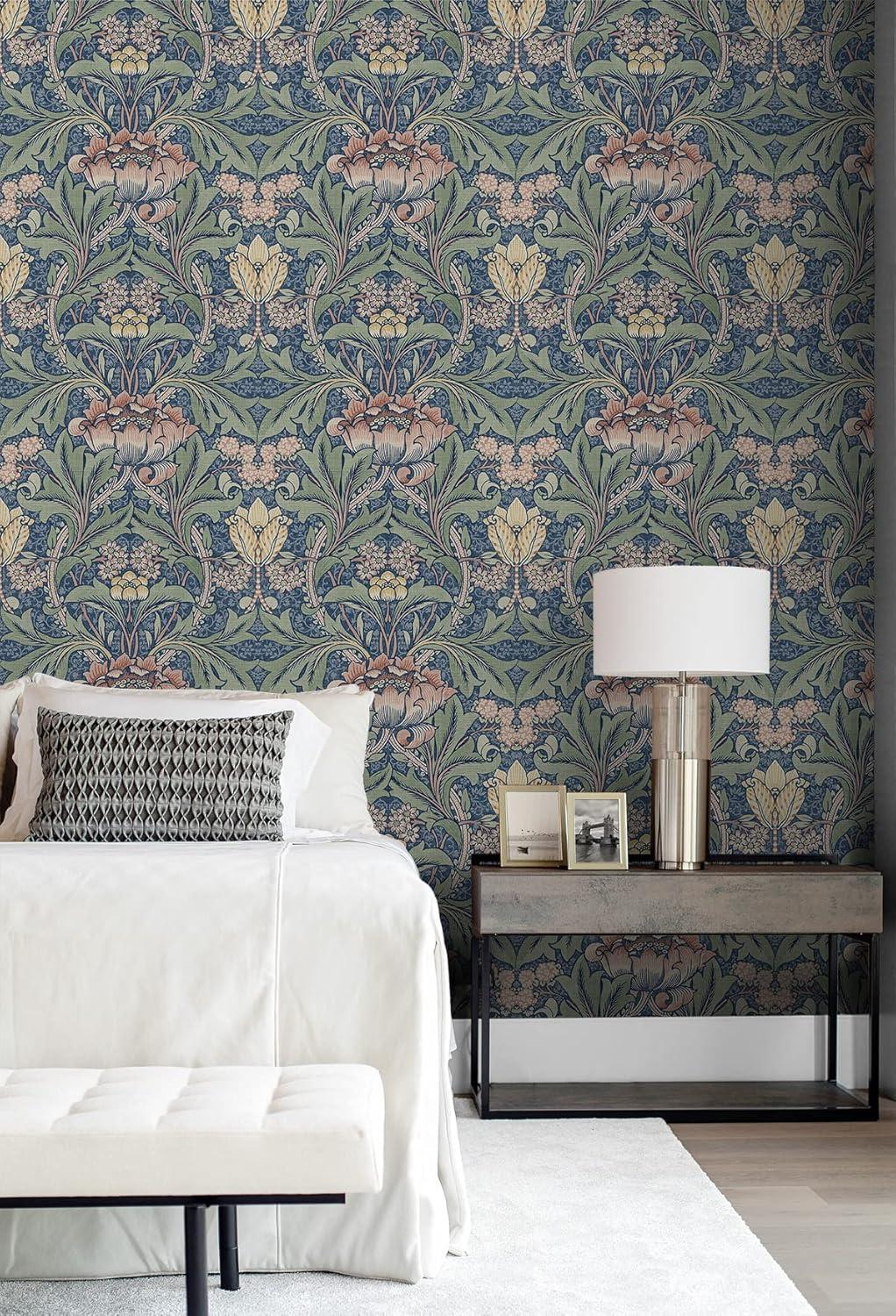 Denim Blue and Salmon Floral Vinyl-Coated Wallpaper