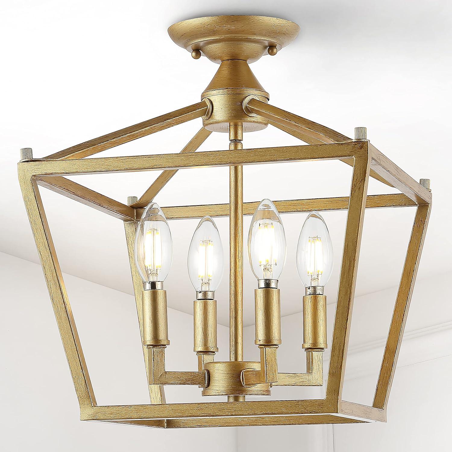 Plains Mini Lantern 12 in. 4-Light Brass Gold Iron Modern Farmhouse LED Flush Mount,