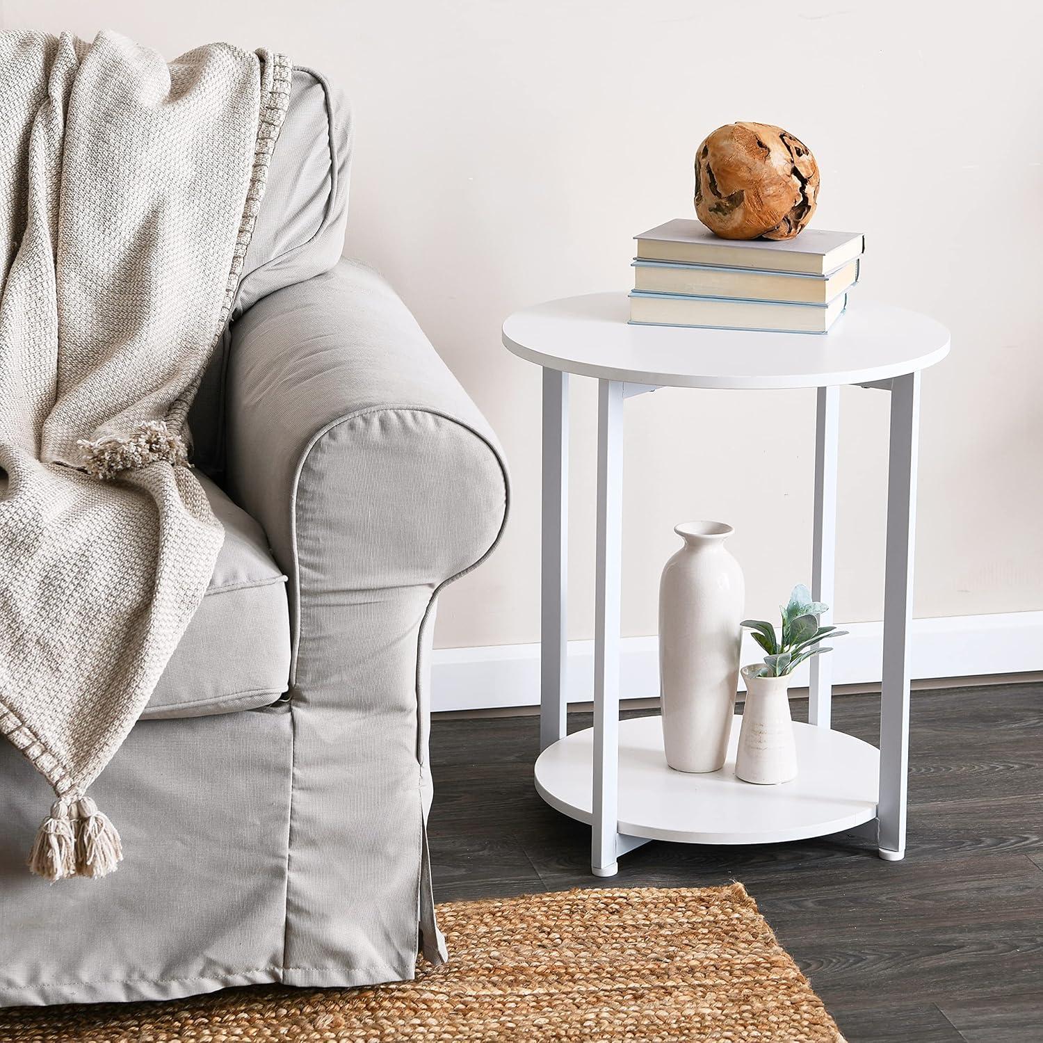 Household Essentials Jamestown Round End Table White: Modern Minimalist, Iron Frame, Particle Board Top