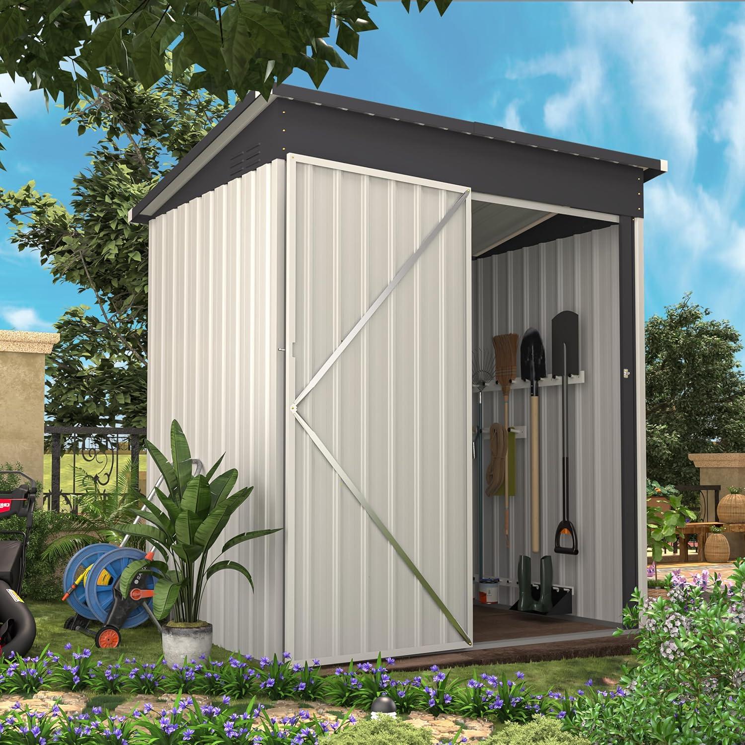 AECOJOY 5' x 3' Outdoor Storage Shed, Small Metal Shed with Lockable Door, Utility and Tool Storage for Garden, Backyard, Patio, Outside use in White