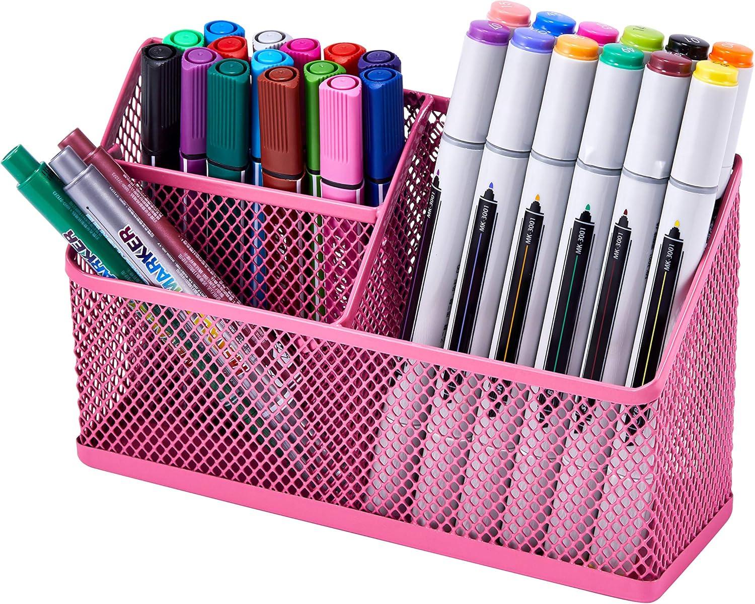 LockerMate Magnetic Pencil Holder, Locker Organizer with 3 Mesh Storage Compartments, Pink