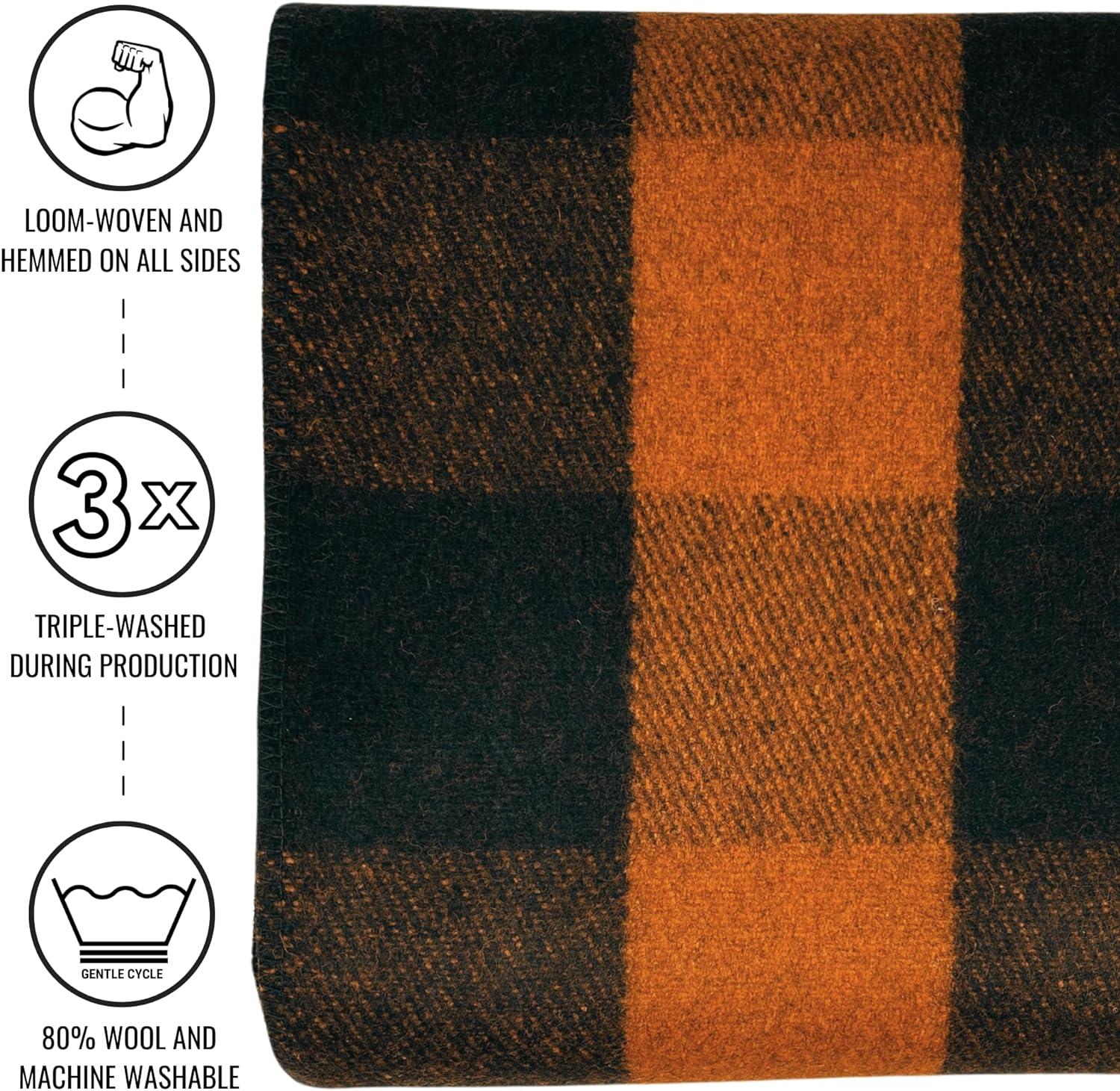 Large Orange Buffalo Plaid Wool Blanket, Machine Washable