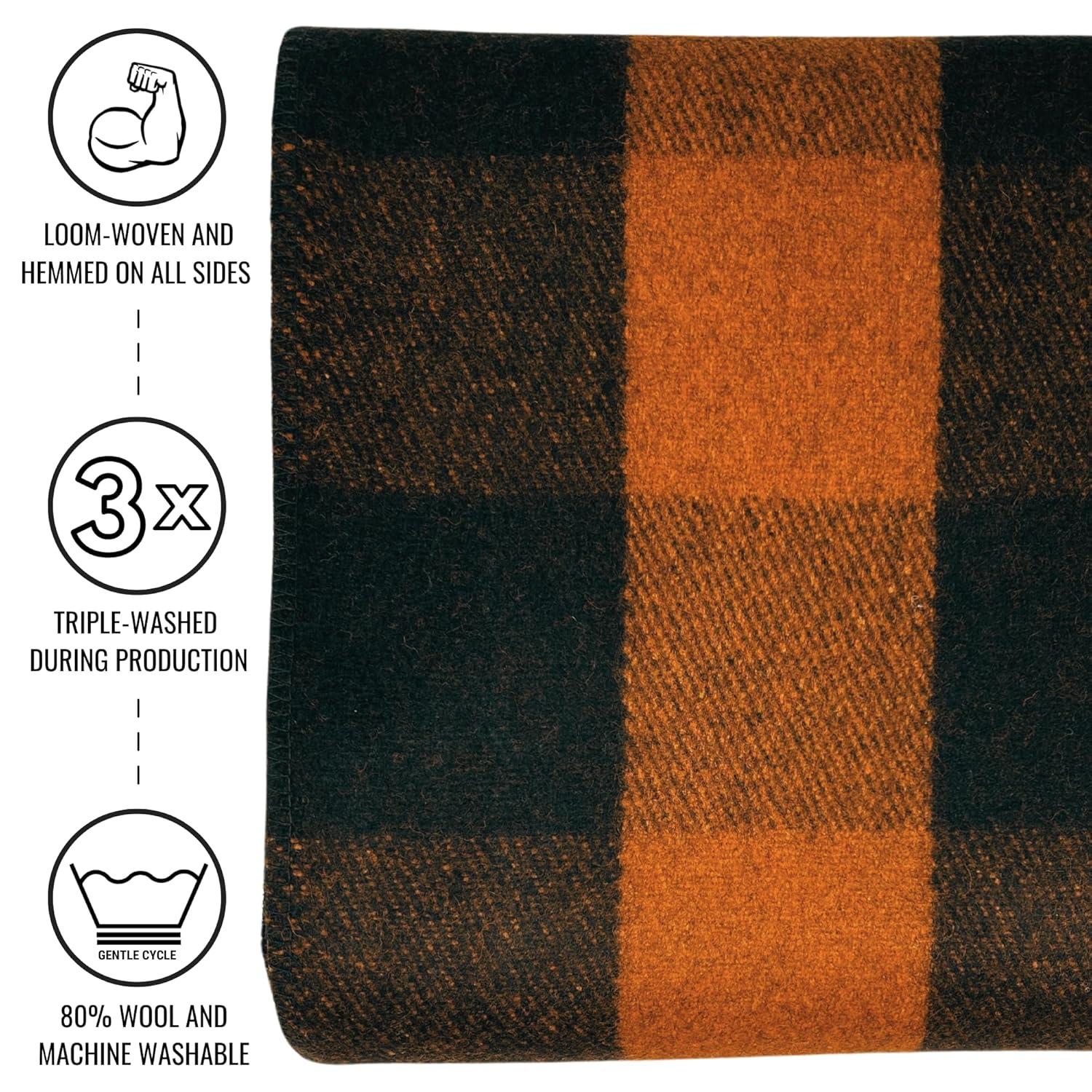 Large Orange Buffalo Plaid Wool Blanket, Machine Washable