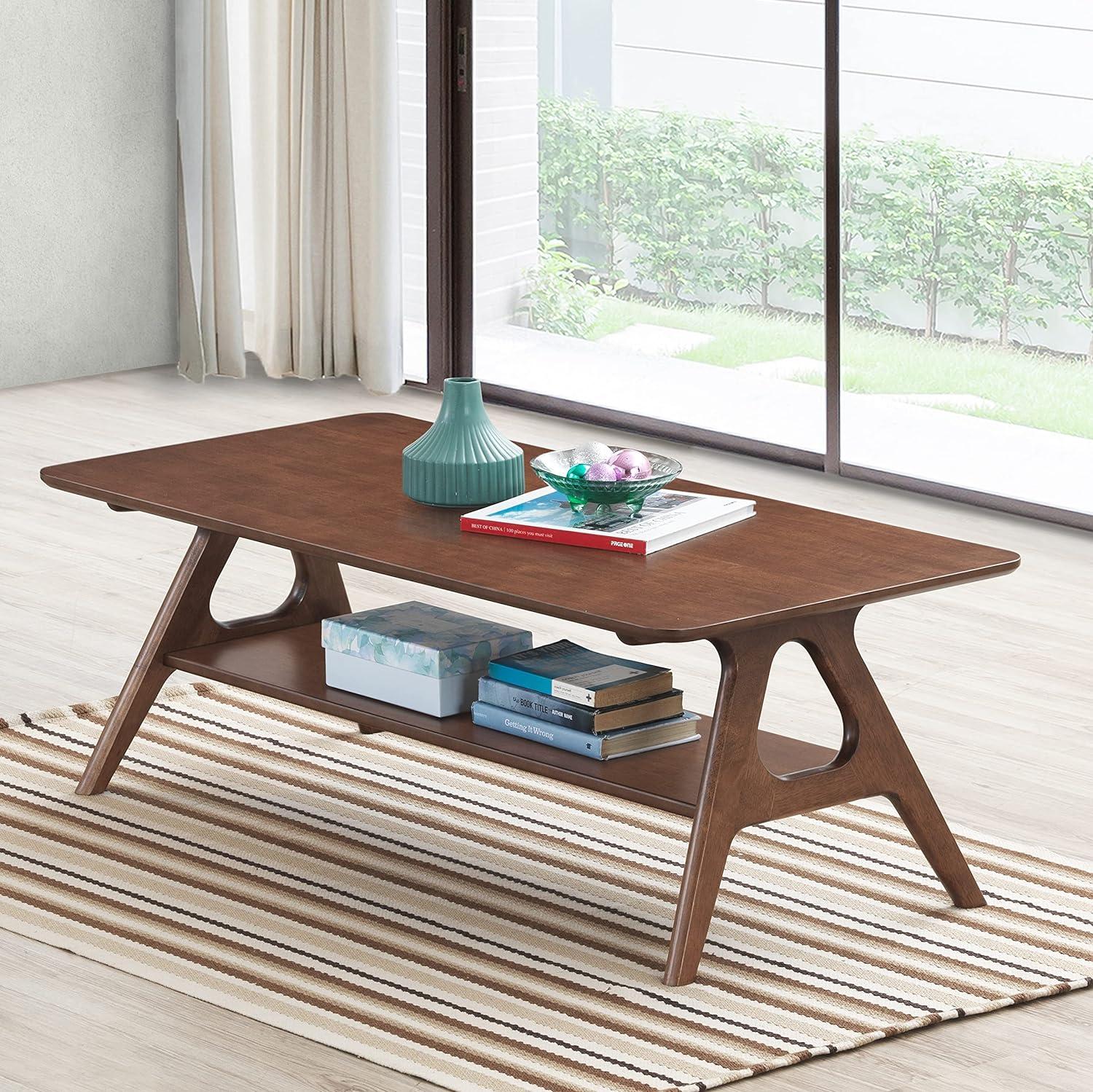 Arona Walnut Mid-Century Modern Rectangular Wood Coffee Table with Shelf