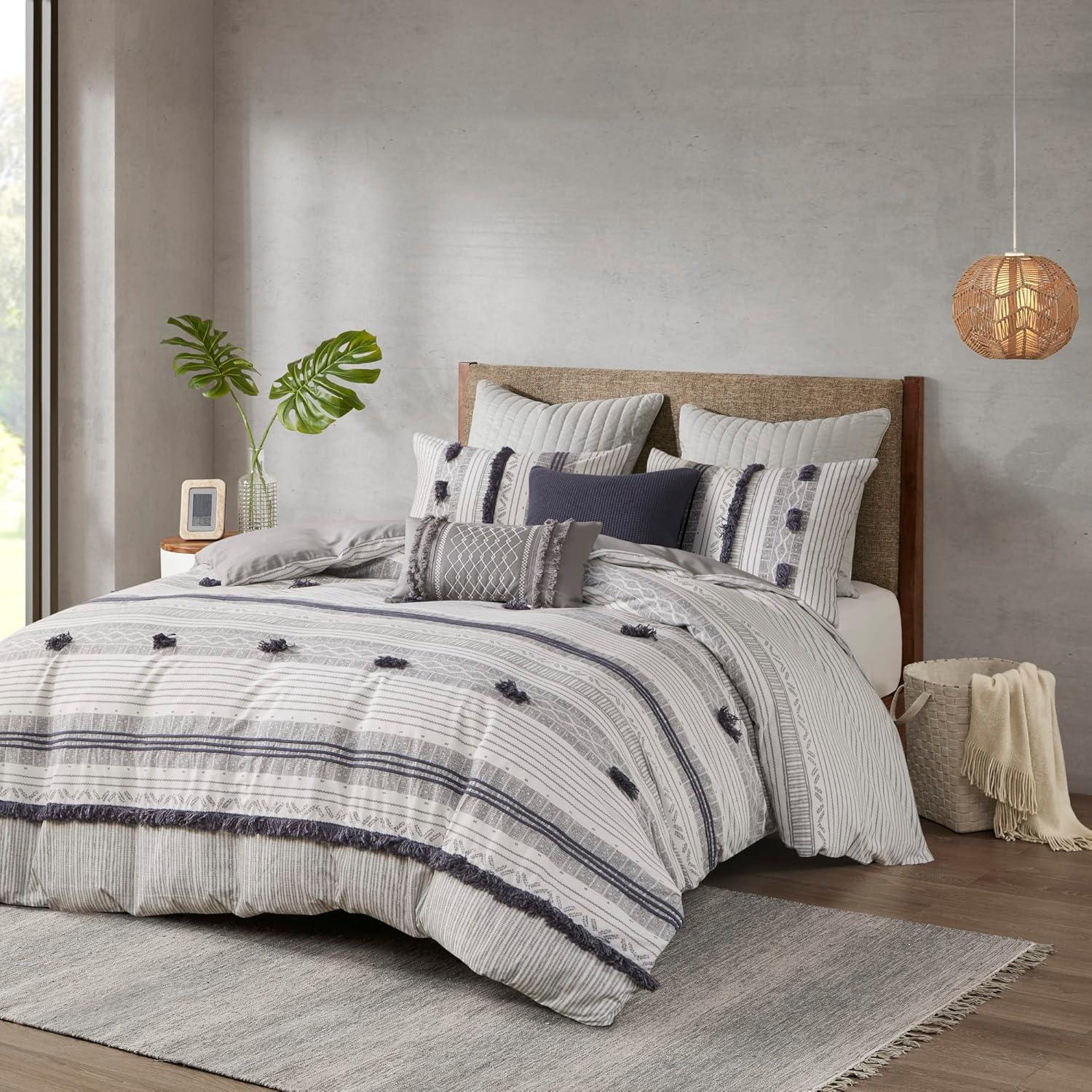 Ink+Ivy 3pc Full/Queen Cody Cotton Duvet Cover Set Gray/Navy: Woven Stripe, Lightweight, OEKO-TEX Certified