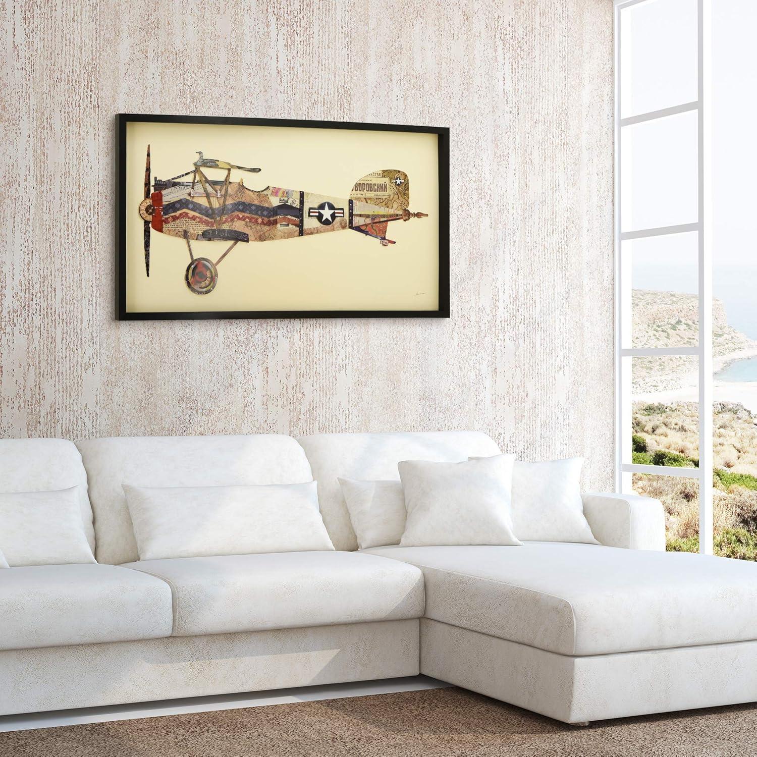 Antique Biplane Collage Art on Canvas with Black Frame