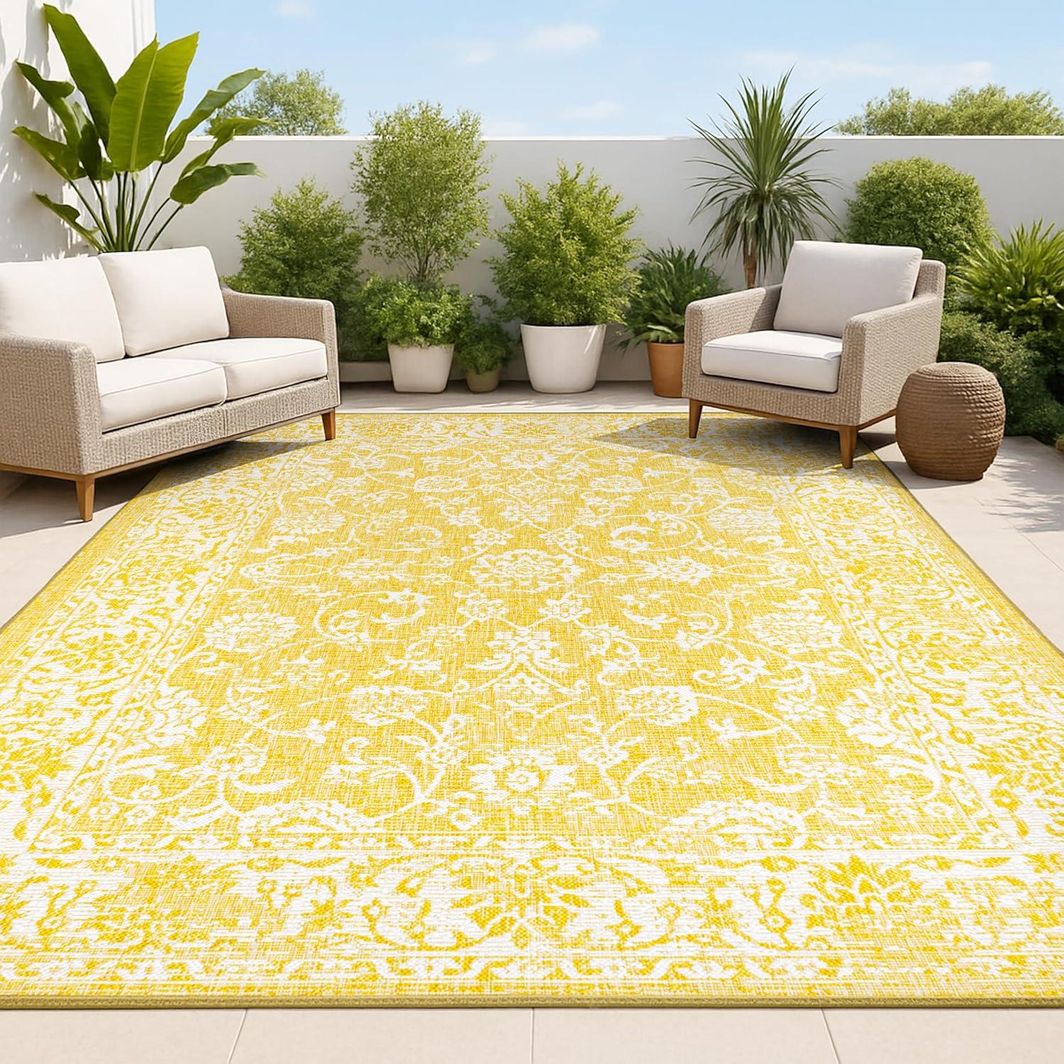 9' x 12' Tela Bohemian Textured Weave Floral Indoor/Outdoor Area Rug, Yellow/Cream - JONATHAN Y