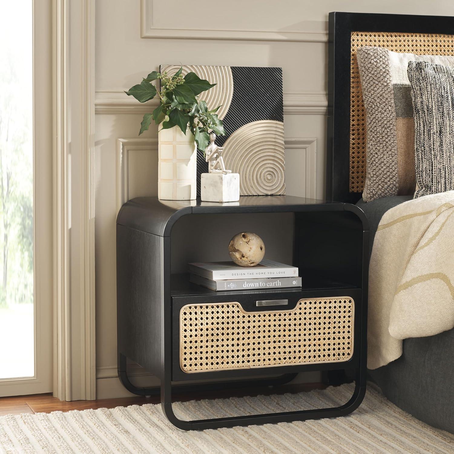 Black and Natural Rattan 1-Drawer Nightstand