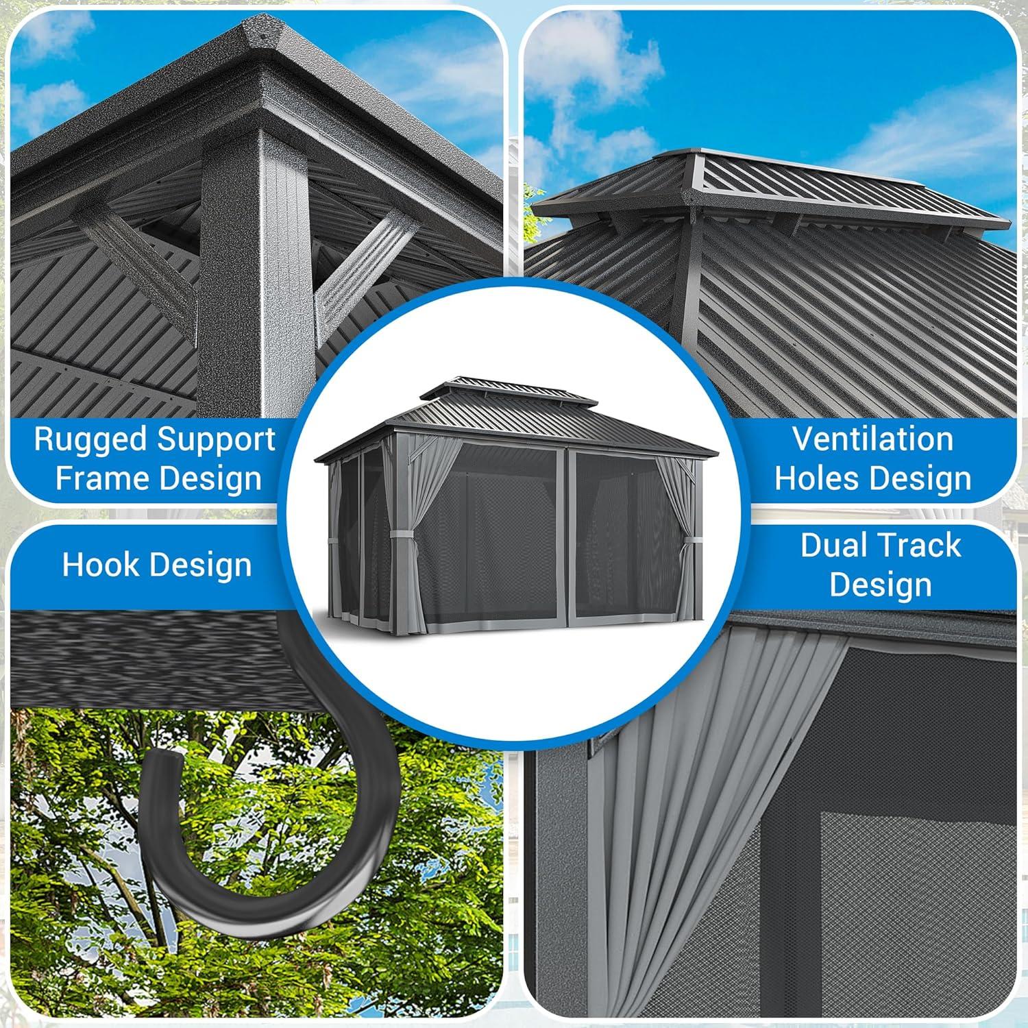 Barton 10x14 Gazebo, Hardtop Gazebo With Aluminum Frame, Double Galvanized Steel Roof, Curtains and Netting Included, Metal Gazebos Pergolas for Patios, Garden, Parties, Lawns