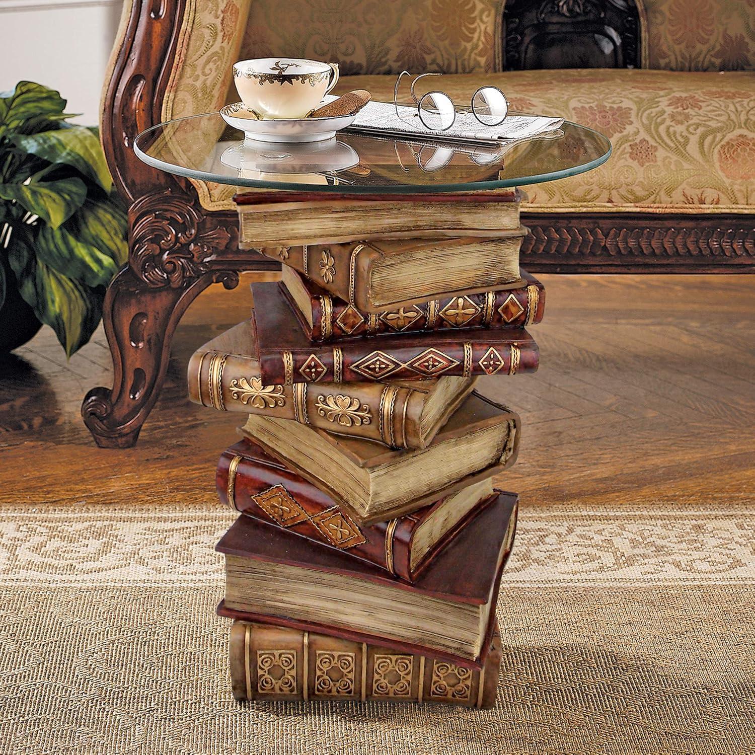 Vintage Stacked Books End Table with Glass Top