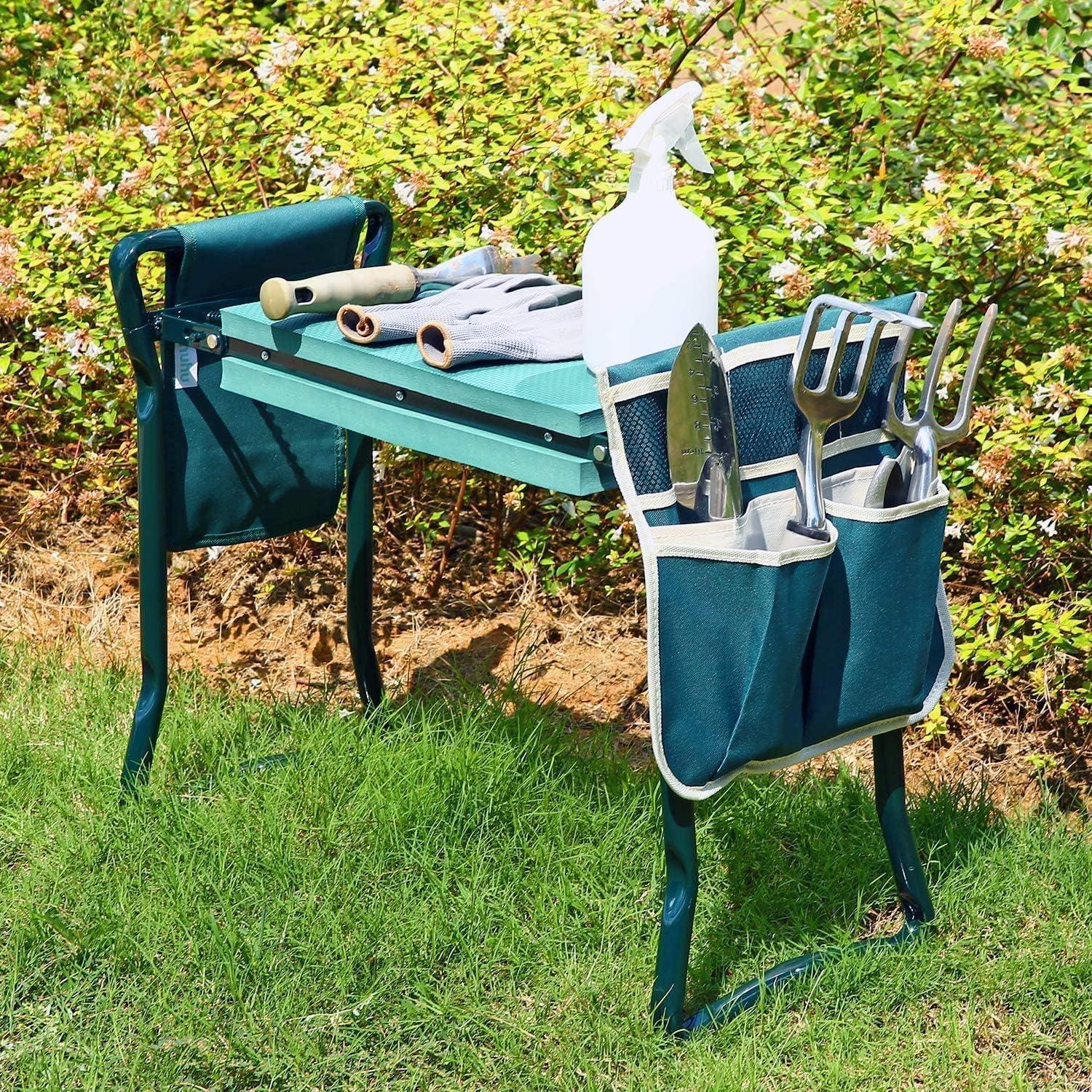 Foldable Green Steel Garden Kneeler and Seat with Tool Pouches