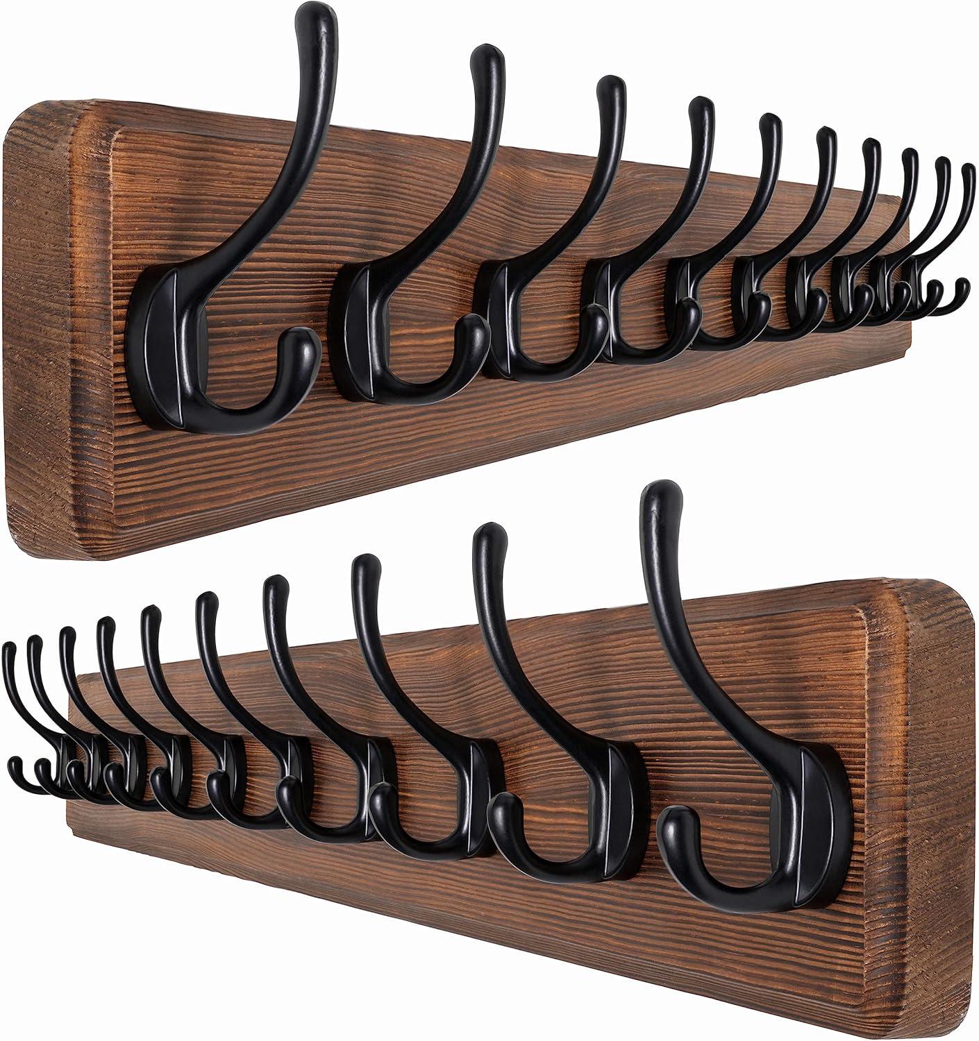 SKOLOO Rustic Wall Mounted Coat Rack, Case of 2, Pine Solid Wood Coat Hook Hanger - 10 Hooks for Hanging Clothes Robes Towels Coats