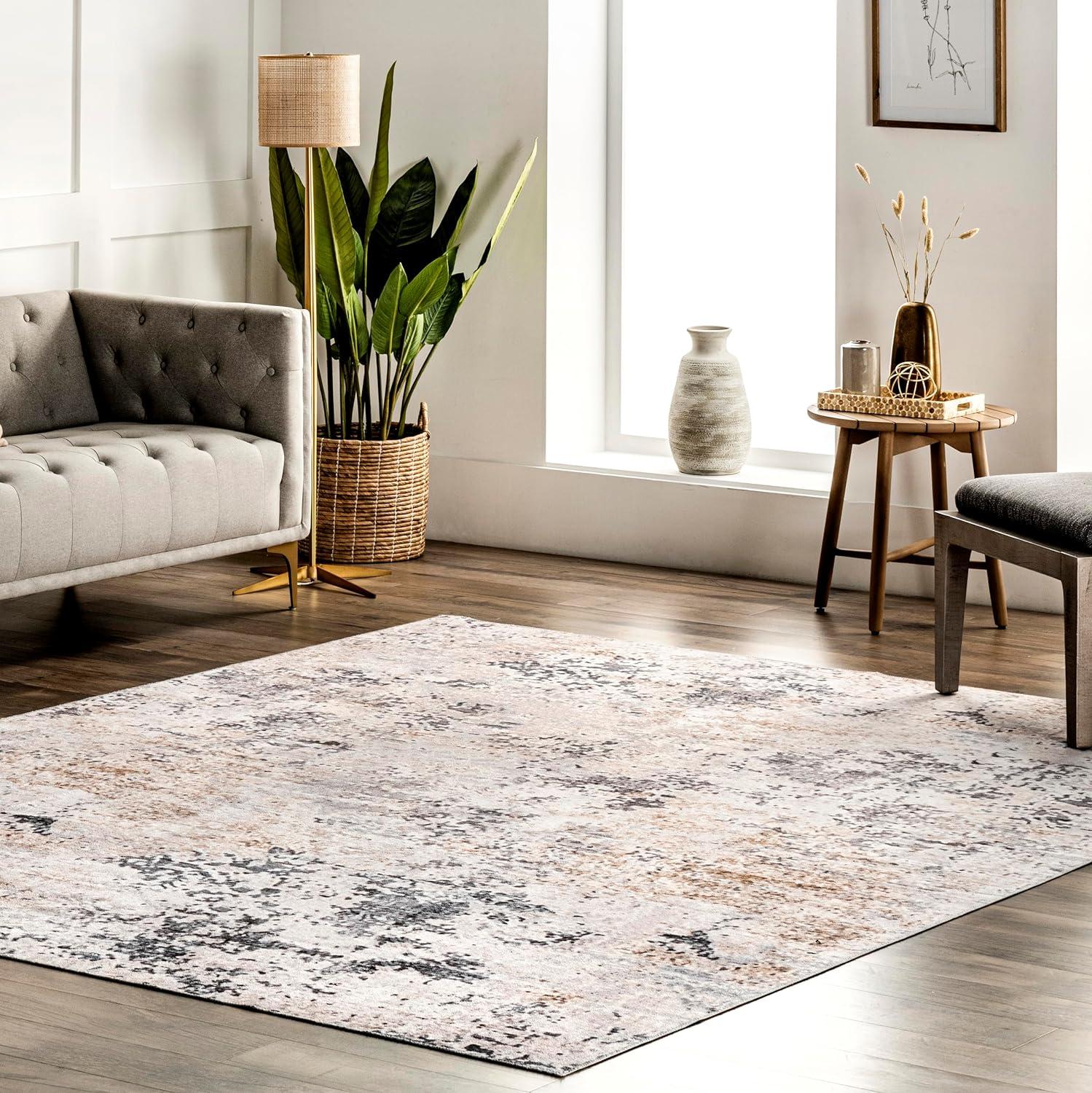 Ivory Abstract Washable Synthetic Square Area Rug