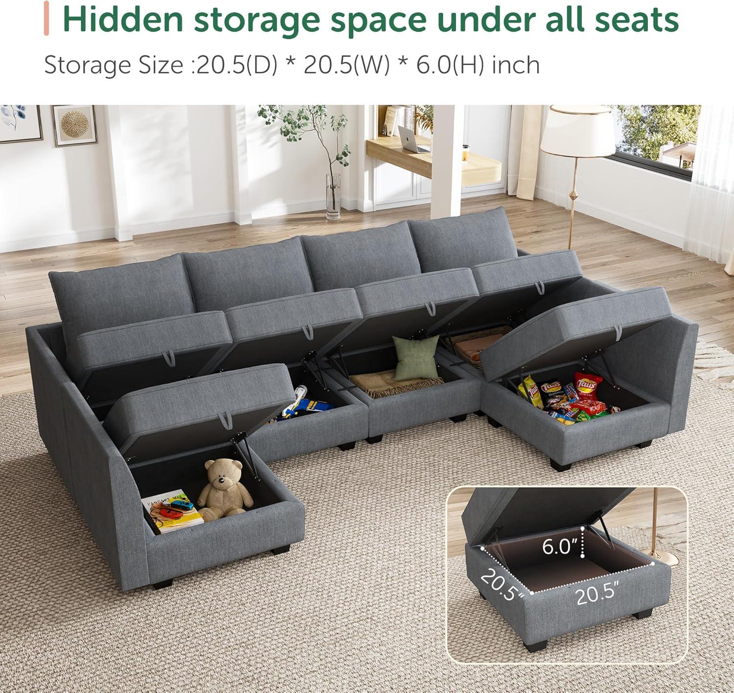 Gray Fabric U-Shaped Sectional Sofa with Storage Ottoman