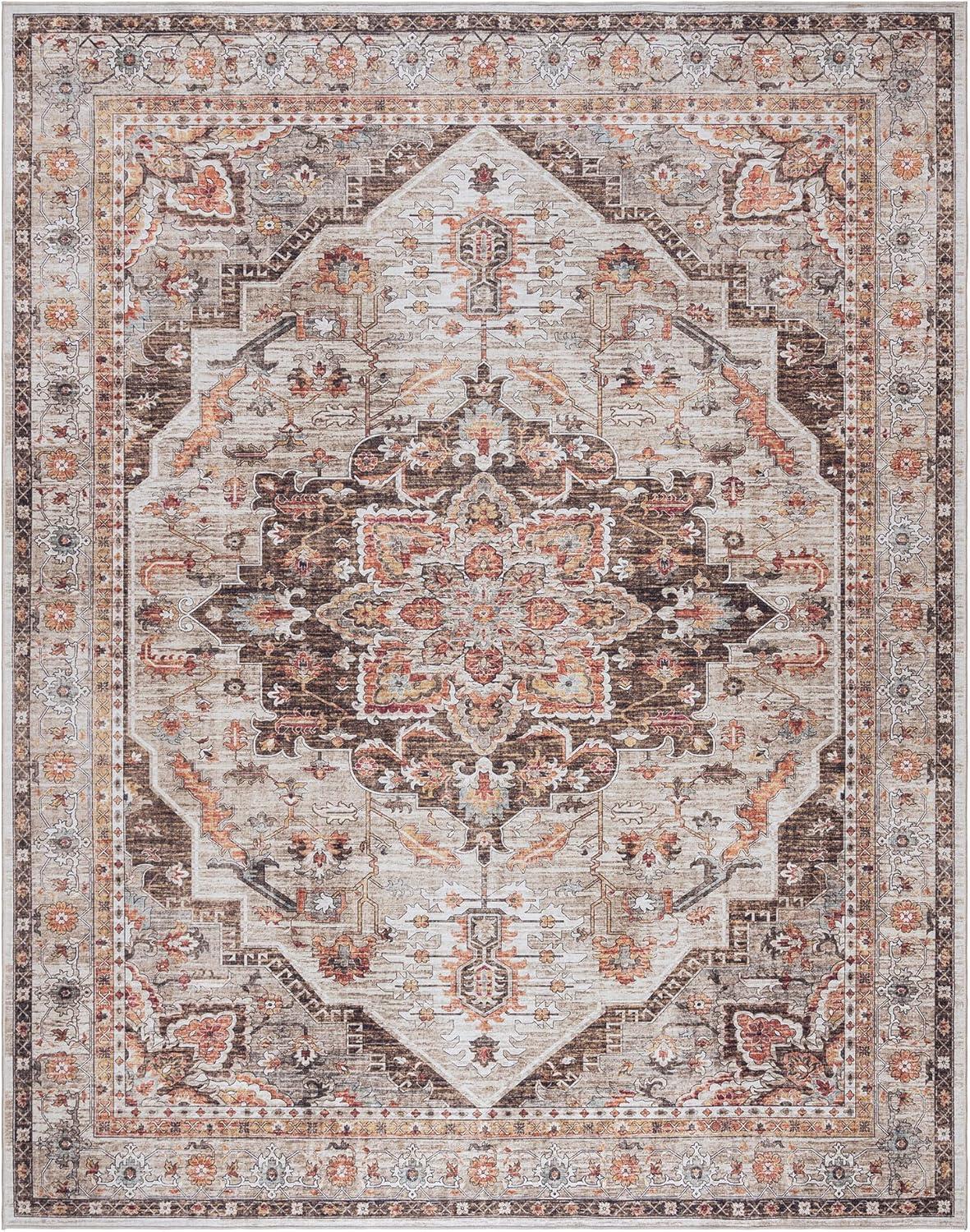 Gertmenian Crystal Print Tiefi Brown Tan Ivory Washable Flat Pile Traditional Medallion Indoor Area Rug