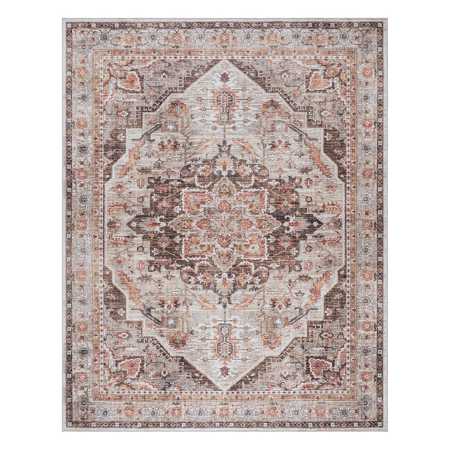 Gertmenian Crystal Print Tiefi Brown Tan Ivory Washable Flat Pile Traditional Medallion Indoor Area Rug