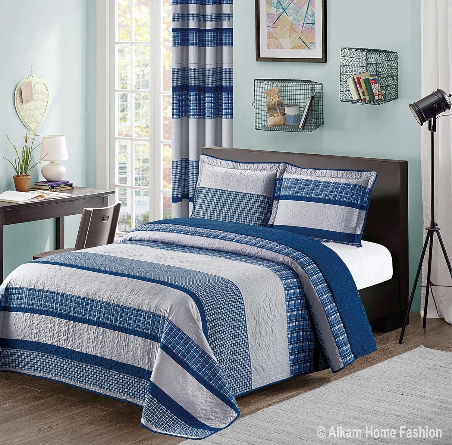 Blue and Gray Plaid Queen Bedspread Set with Pillow Shams