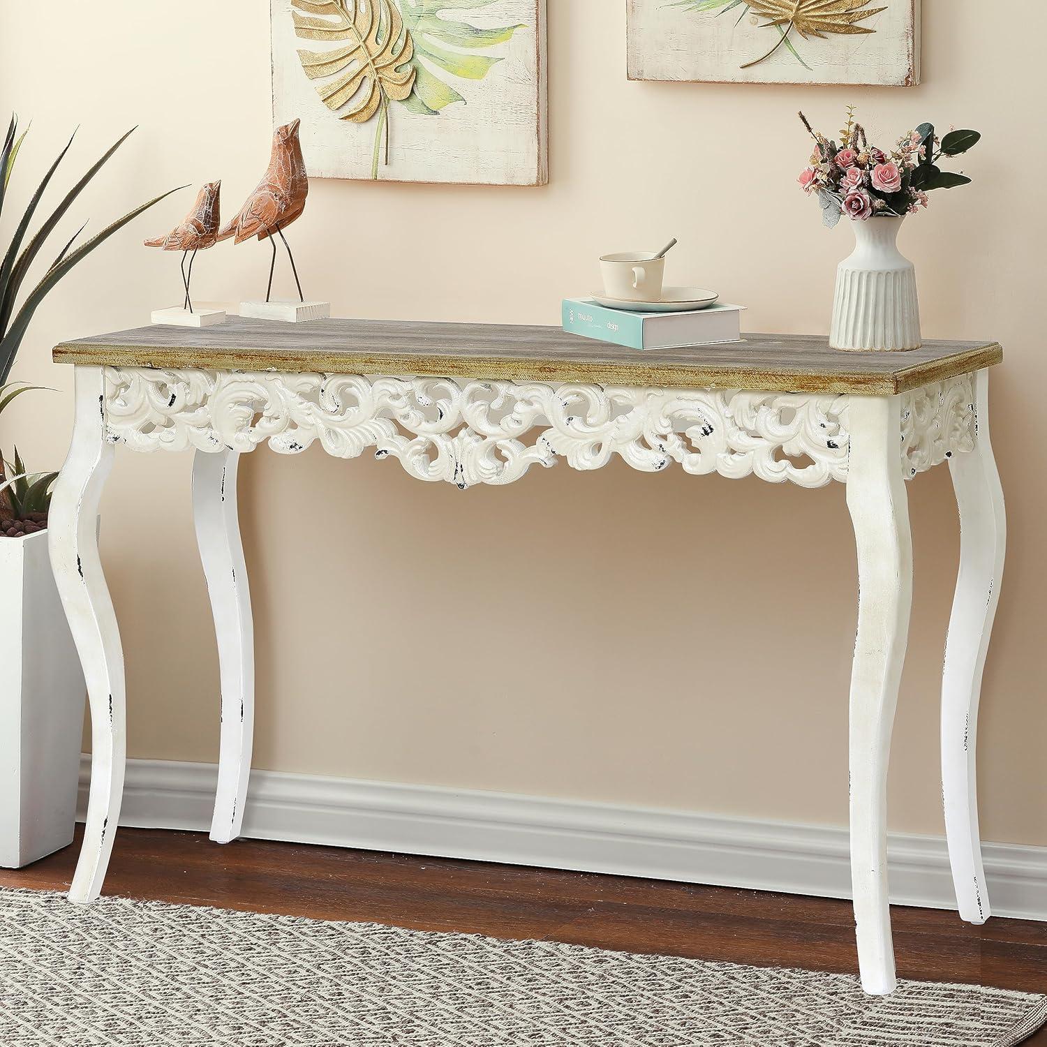 LuxenHome Victorian Off White and Natural Wood Console and Entry Table Off-White