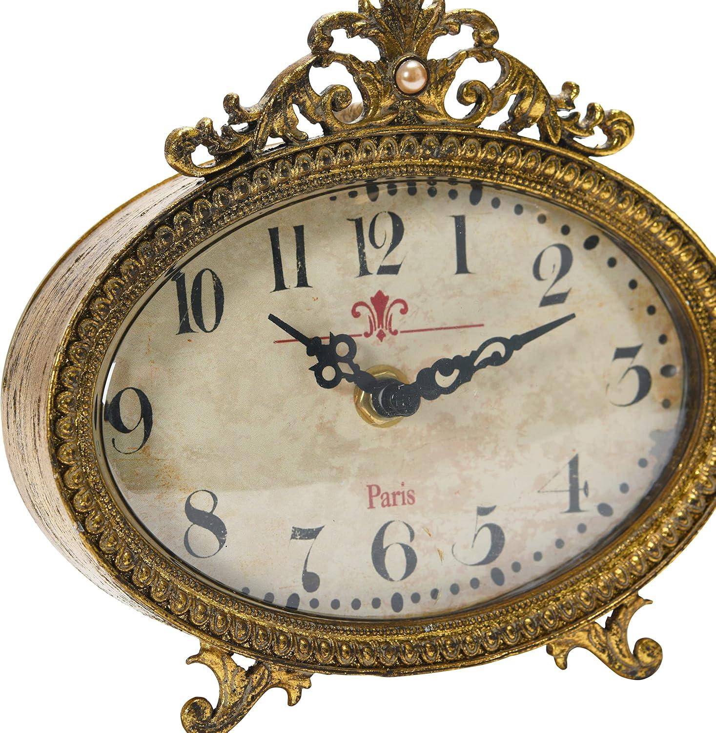 Distressed Gold and Pewter Mantel Clock with Intricate Detailing