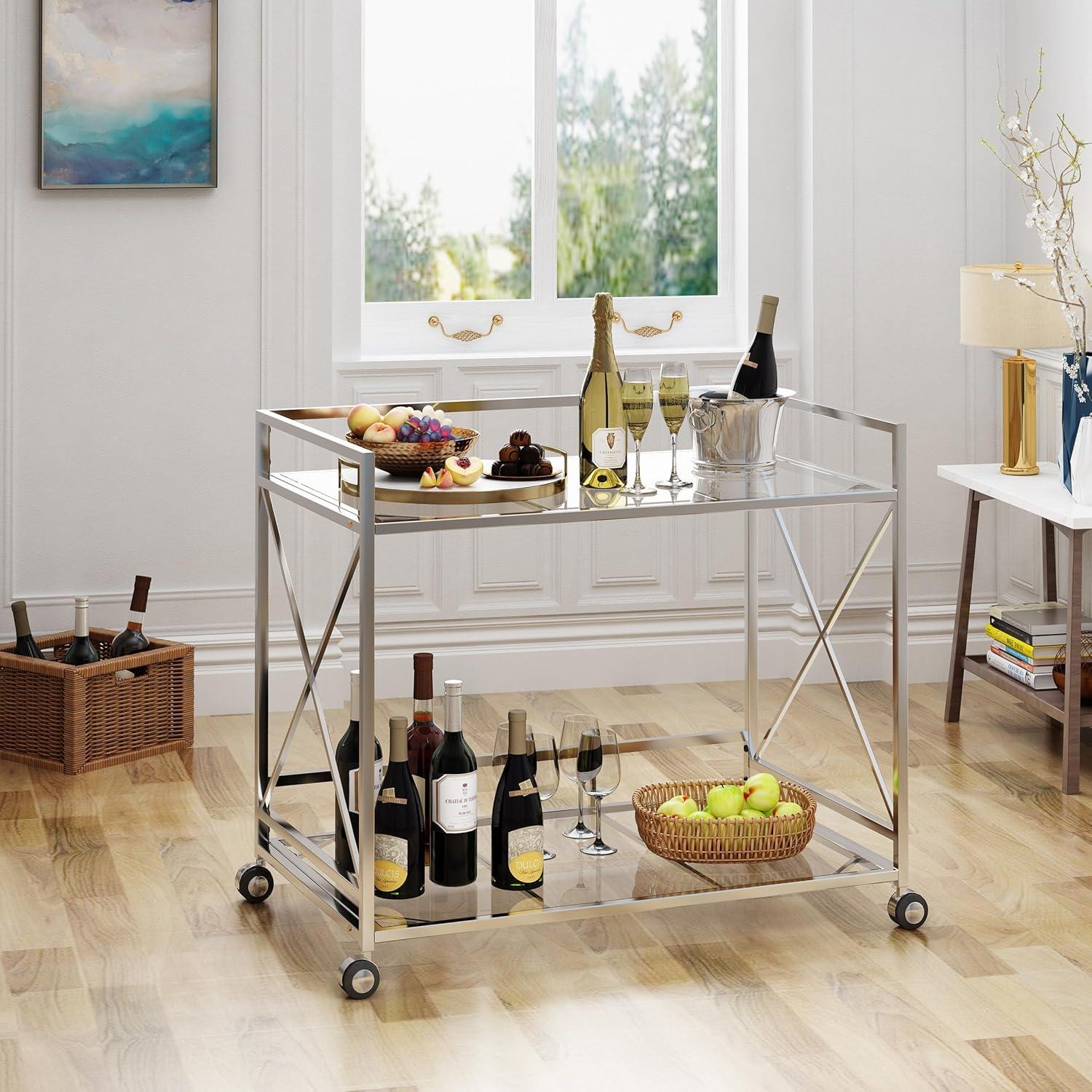 Danae Silver Rectangular Iron and Glass Bar Cart with Storage