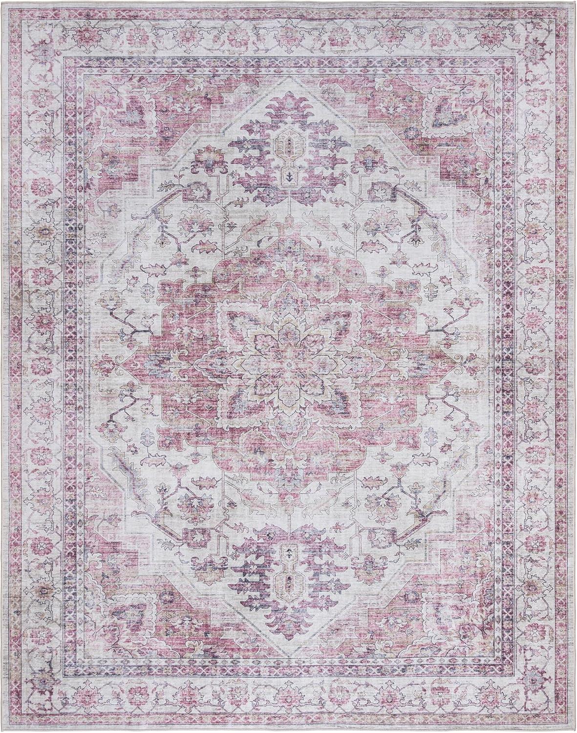 Gertmenian Crystal Print Tiefi Pink Ivory Multi Traditional Medallion Washable Flat Pile Indoor Area Rug