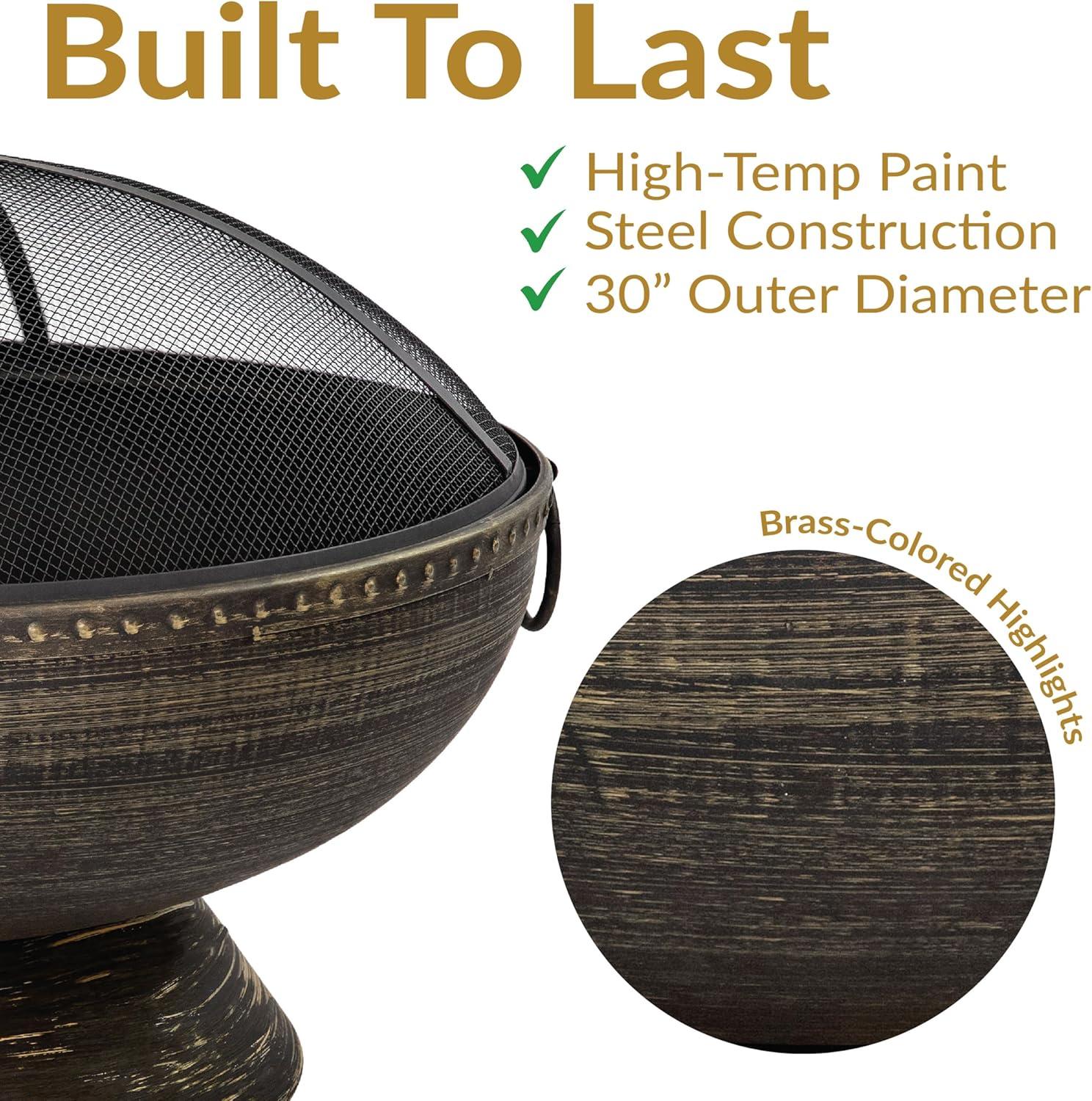 SunnyDaze Decor 30" Wood-Burning Black Finish Steel Fire Pit Bowl with Screen, Grate, and Poker
