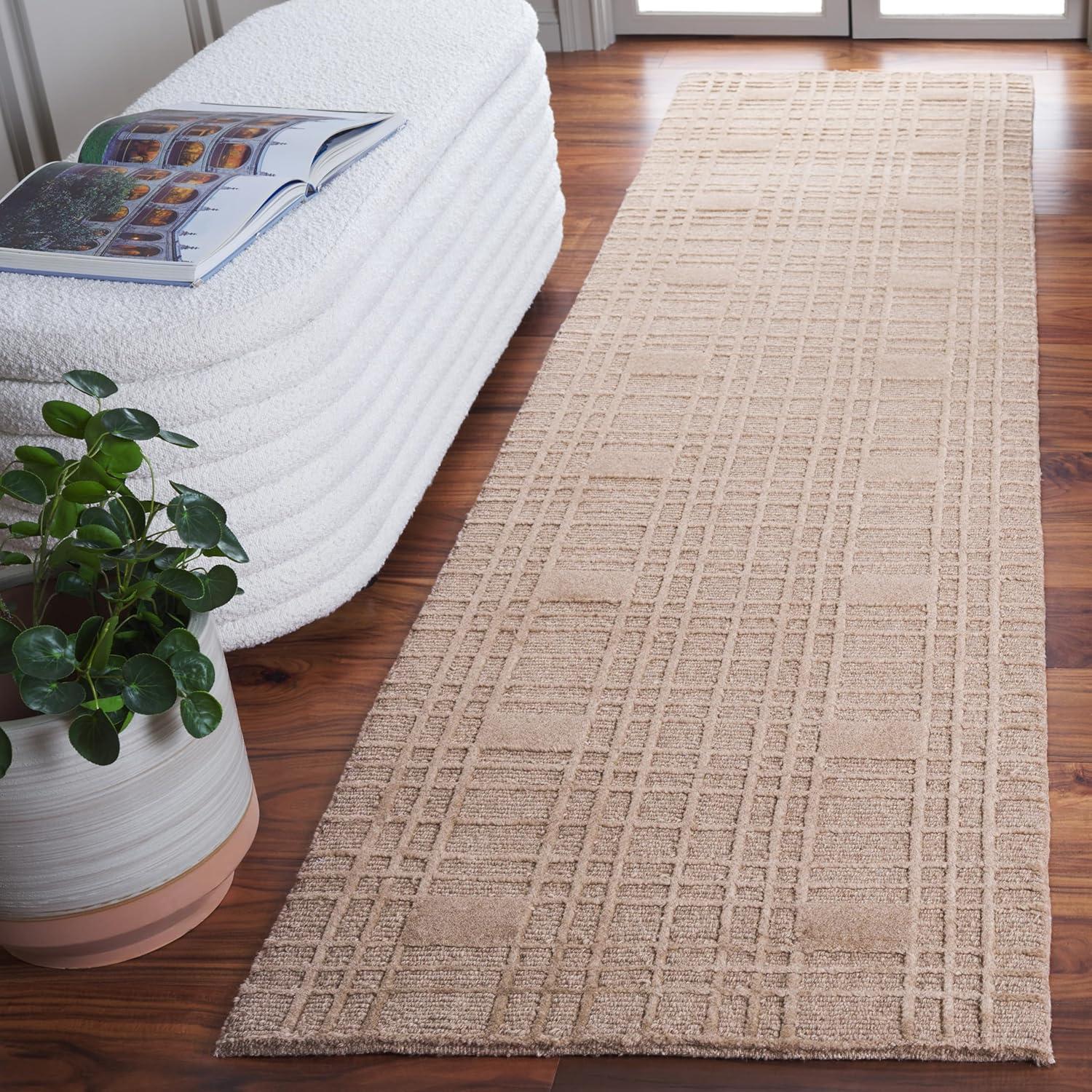 Sand Geometric Hand-Knotted Wool and Silk Runner Rug