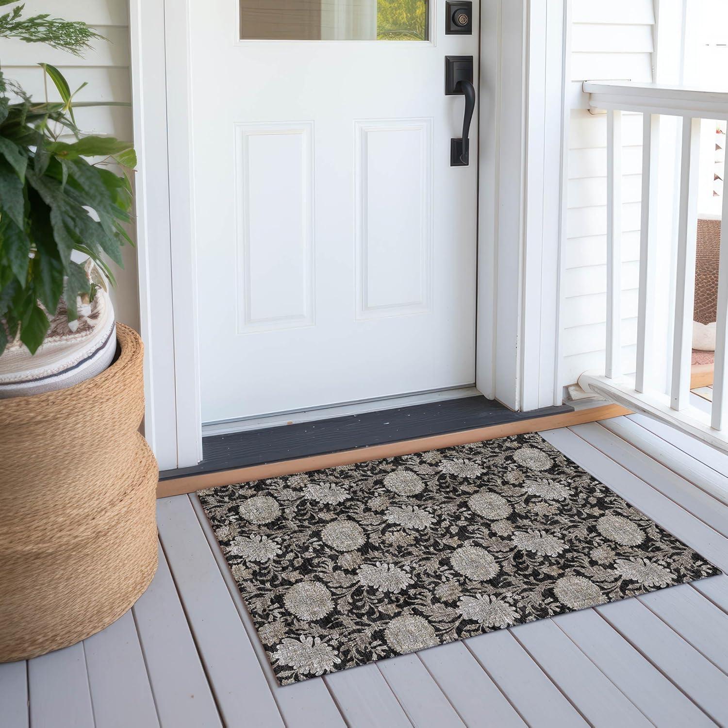 Addison Rugs Machine Washable Indoor/ Outdoor Chantille Floral Rug Black - 1'8" x 2'6"