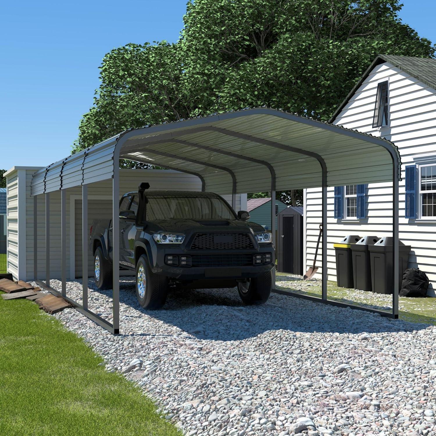 12' x 20' Gray Heavy Duty Metal Carport with Reinforced Frame