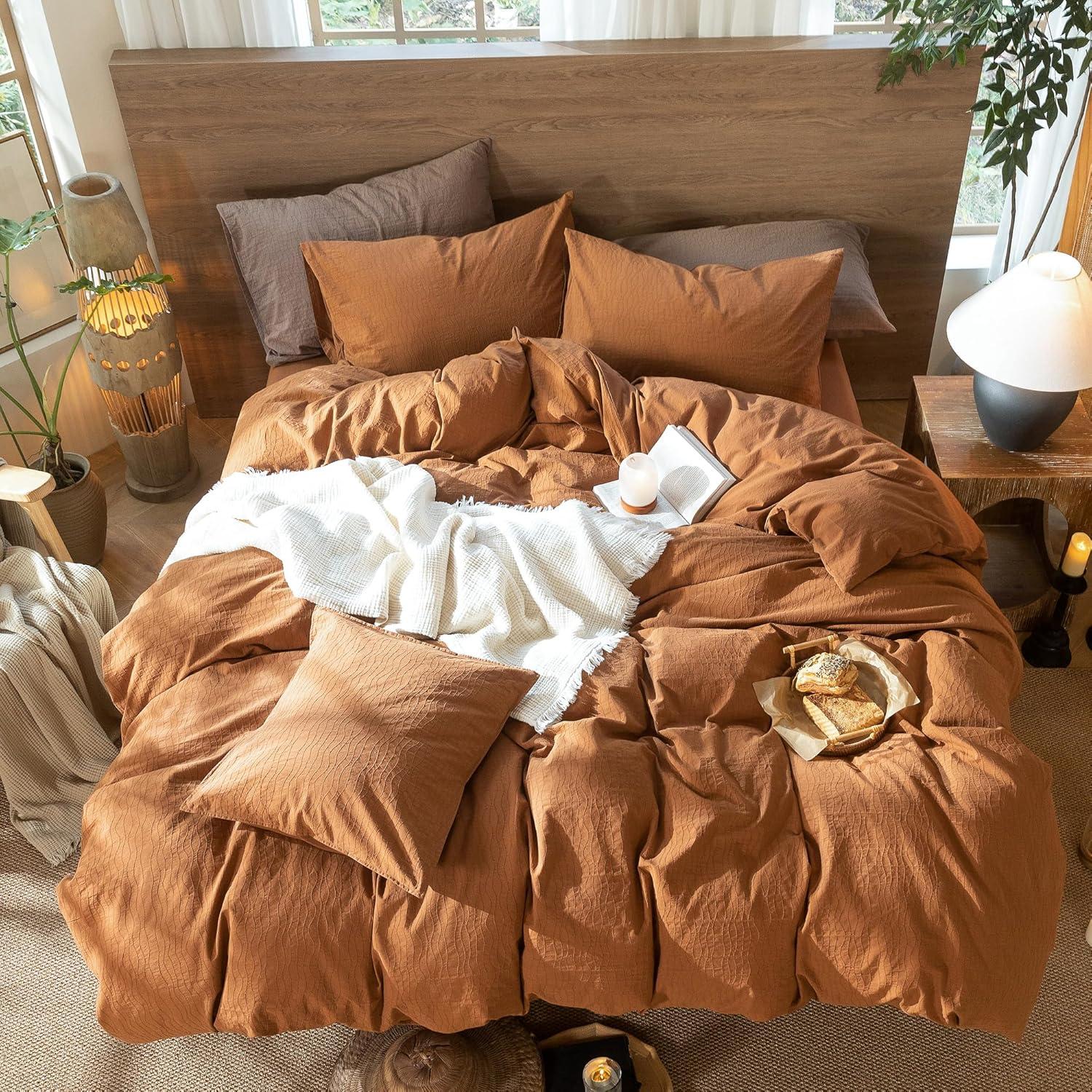 MOOMEE 100% Washed Cotton Linen Like Textured Duvet Cover Set