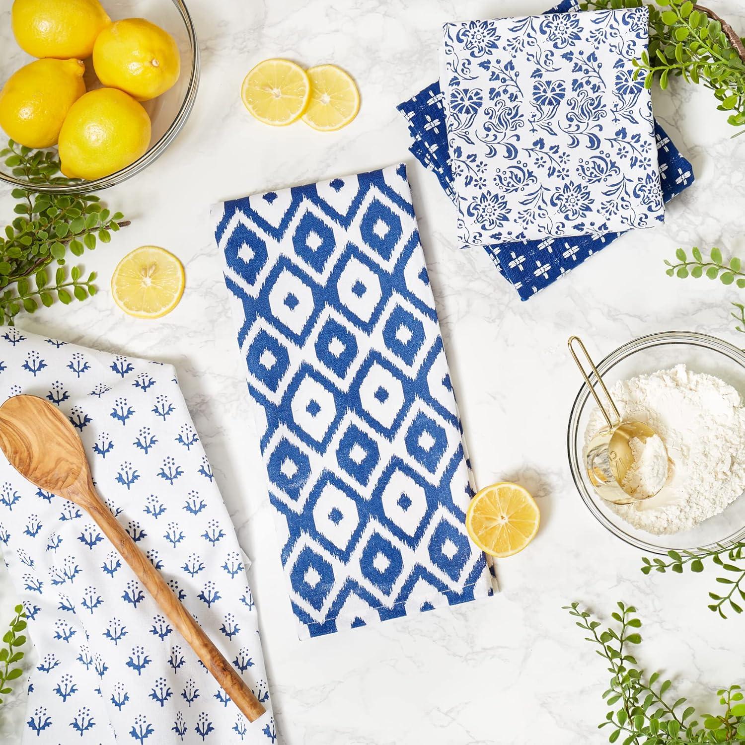 Blue and White Cotton Festive Dishtowel Set, 18x28, 4 Pieces