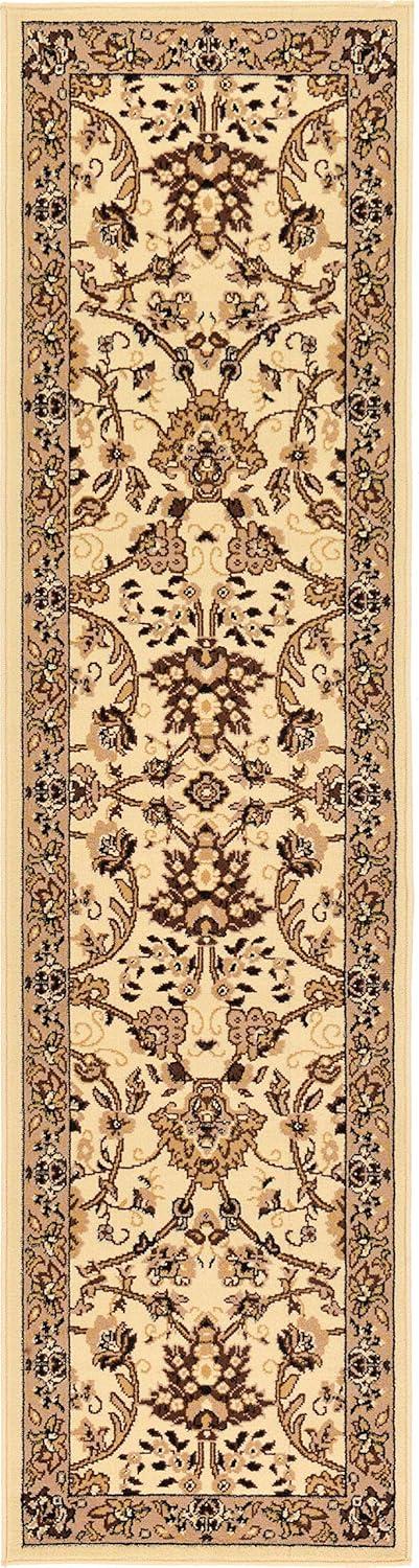 Ivory and Tan Floral Synthetic Runner Rug