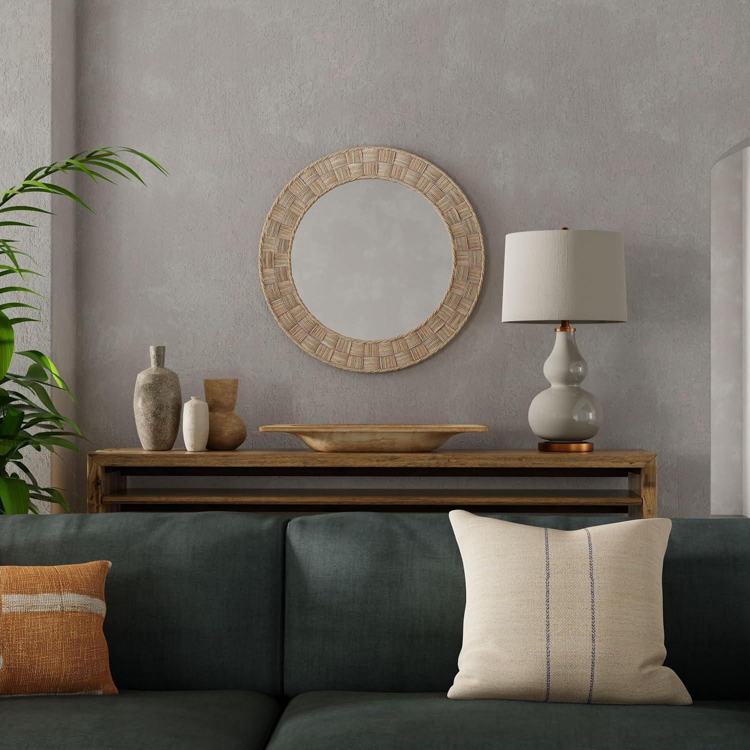 DaiZuY Round Rope Wall Mirror, Chequered, Beige/Natural