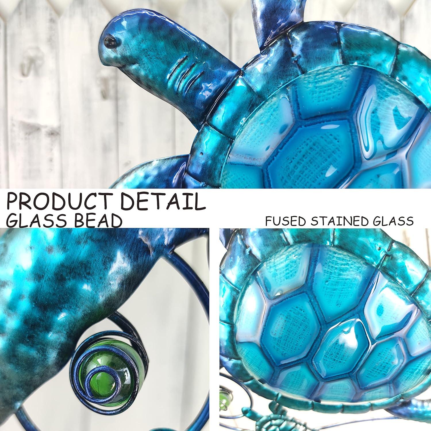 JOYBee Metal Sea Turtle Wall Art Decor Outdoor Indoor Nautical Hanging Art Blue Green Stained Glass Decorative Sculpture for Garden Pool Patio Balcony Kitchen or Bathroom(12.5 * 11inch)