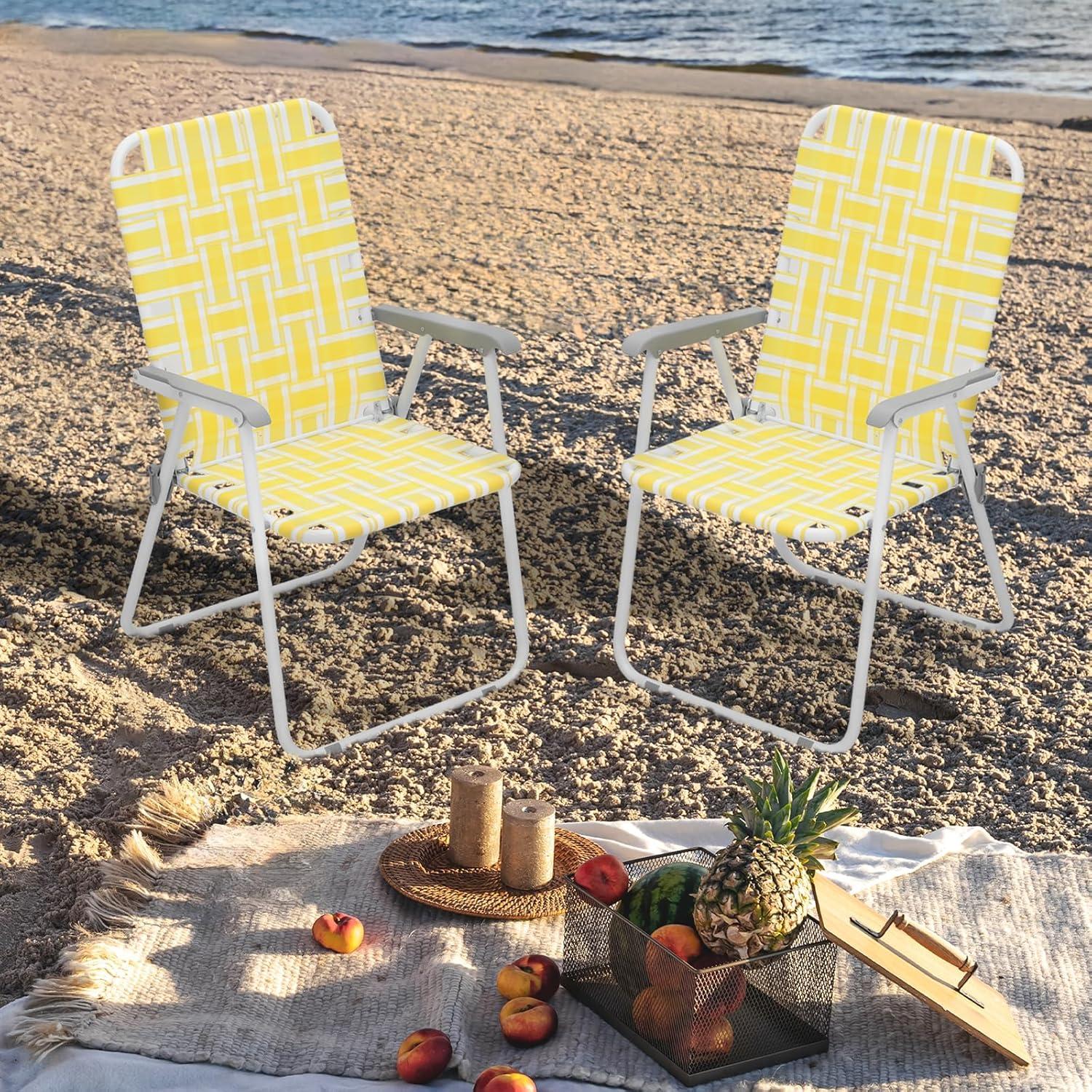 MoNiBloom Portable Webbed Beach Chairs Set of 2, Folding Camping Woven Seats with Armrests, for Outdoor Patio Lawn, Lemon Yellow