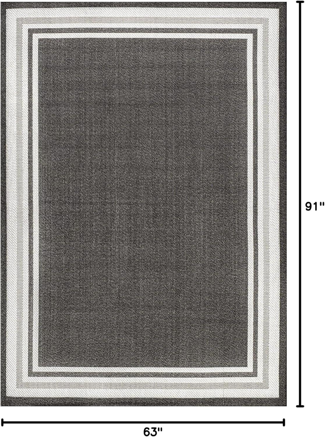 5' x 8' James Modern Border Stripe Indoor/Outdoor Area Rug, Black/Cream - JONATHAN Y
