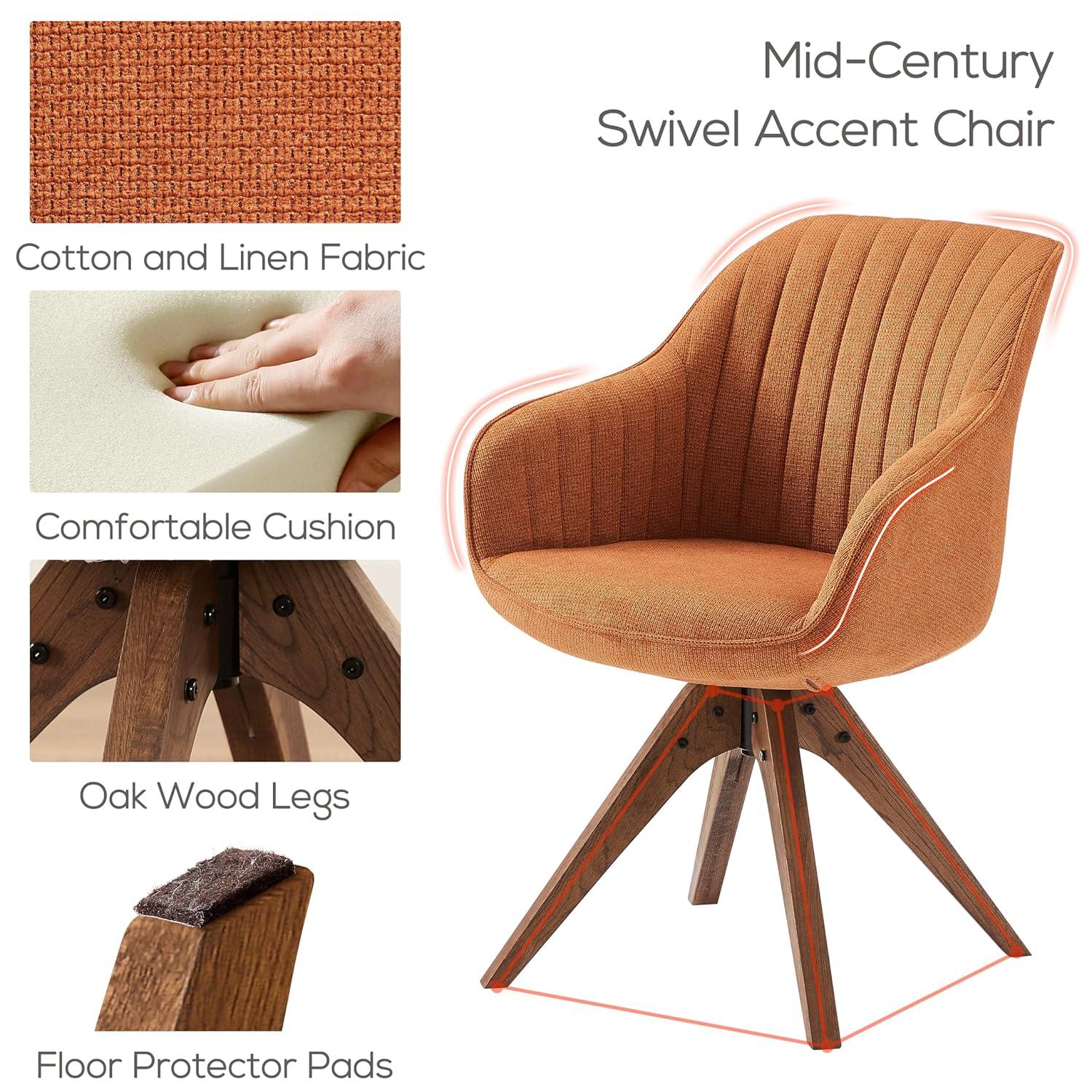 Off-White Fabric and Wood Swivel Accent Chair